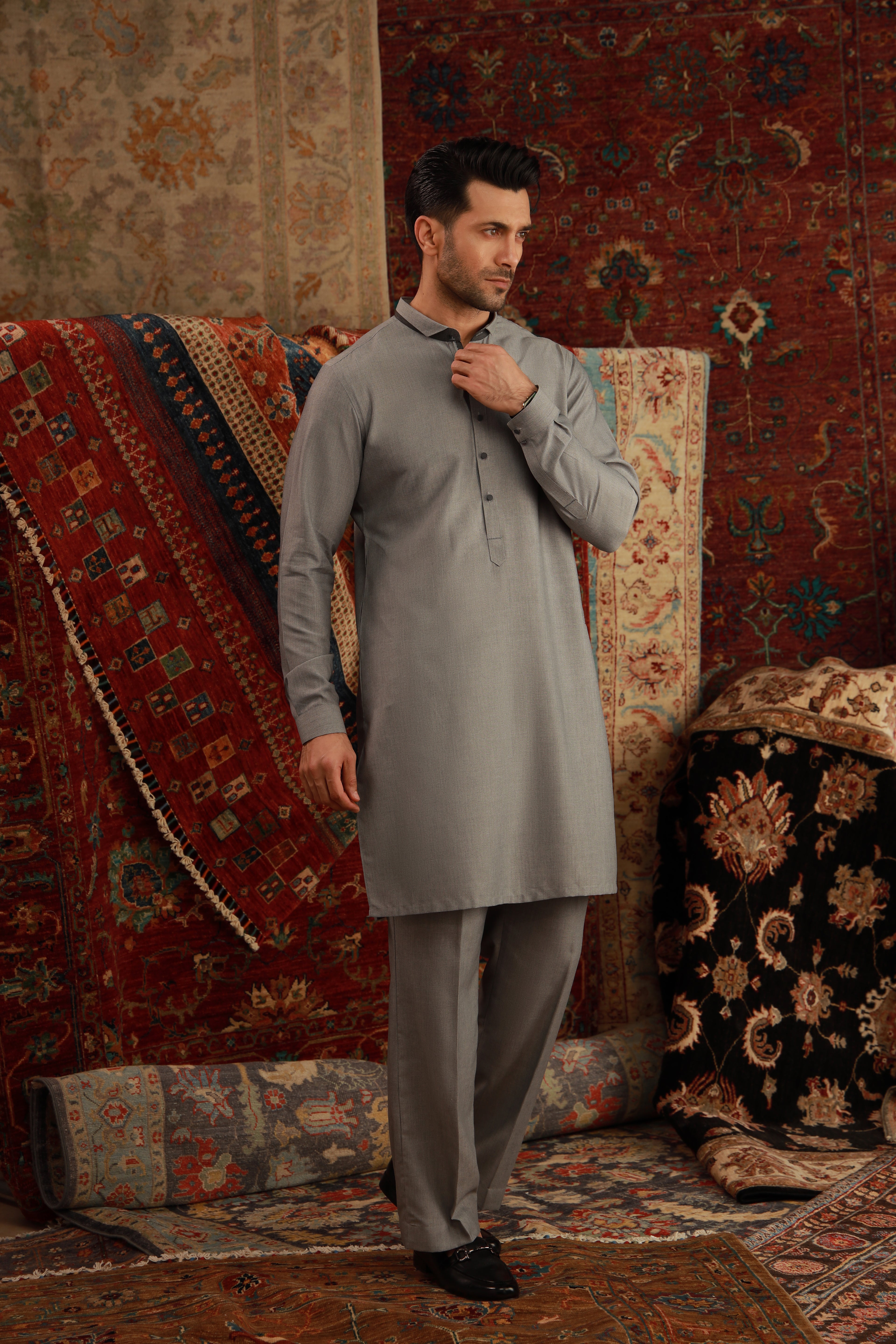Light Grey Embroidered Wash & Wear Kurta Pajama (2-Piece) - Image 2