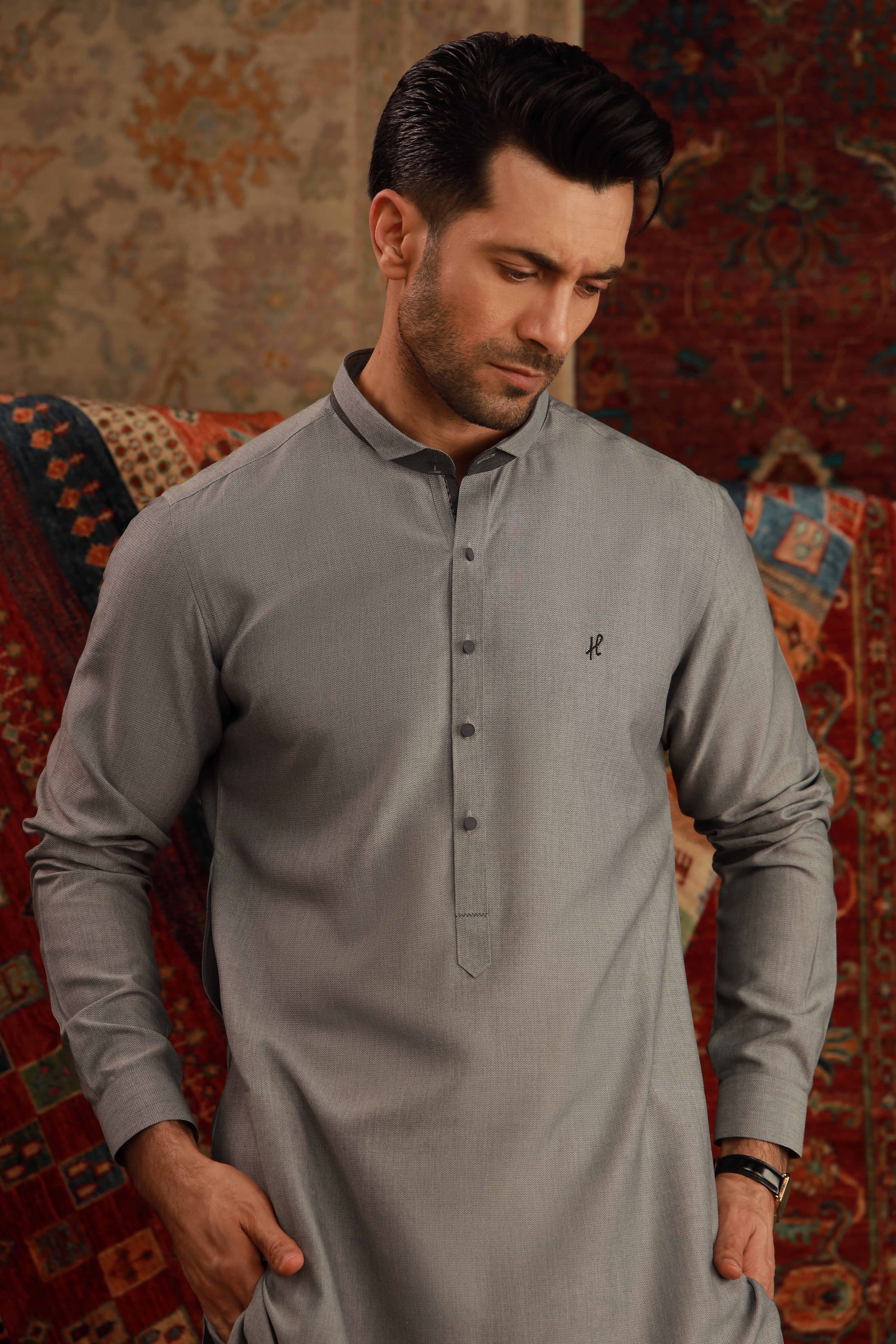 Light Grey Embroidered Wash & Wear Kurta Pajama (2-Piece) - Image 3