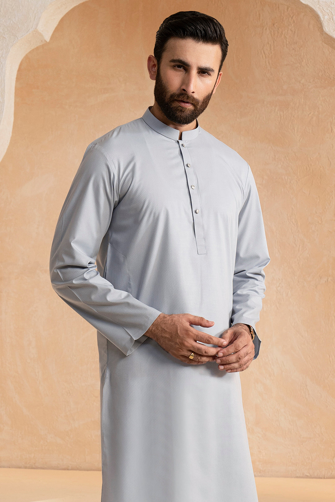 Steel Grey Textured Wash & Wear Kurta (2-Piece) - Image 1