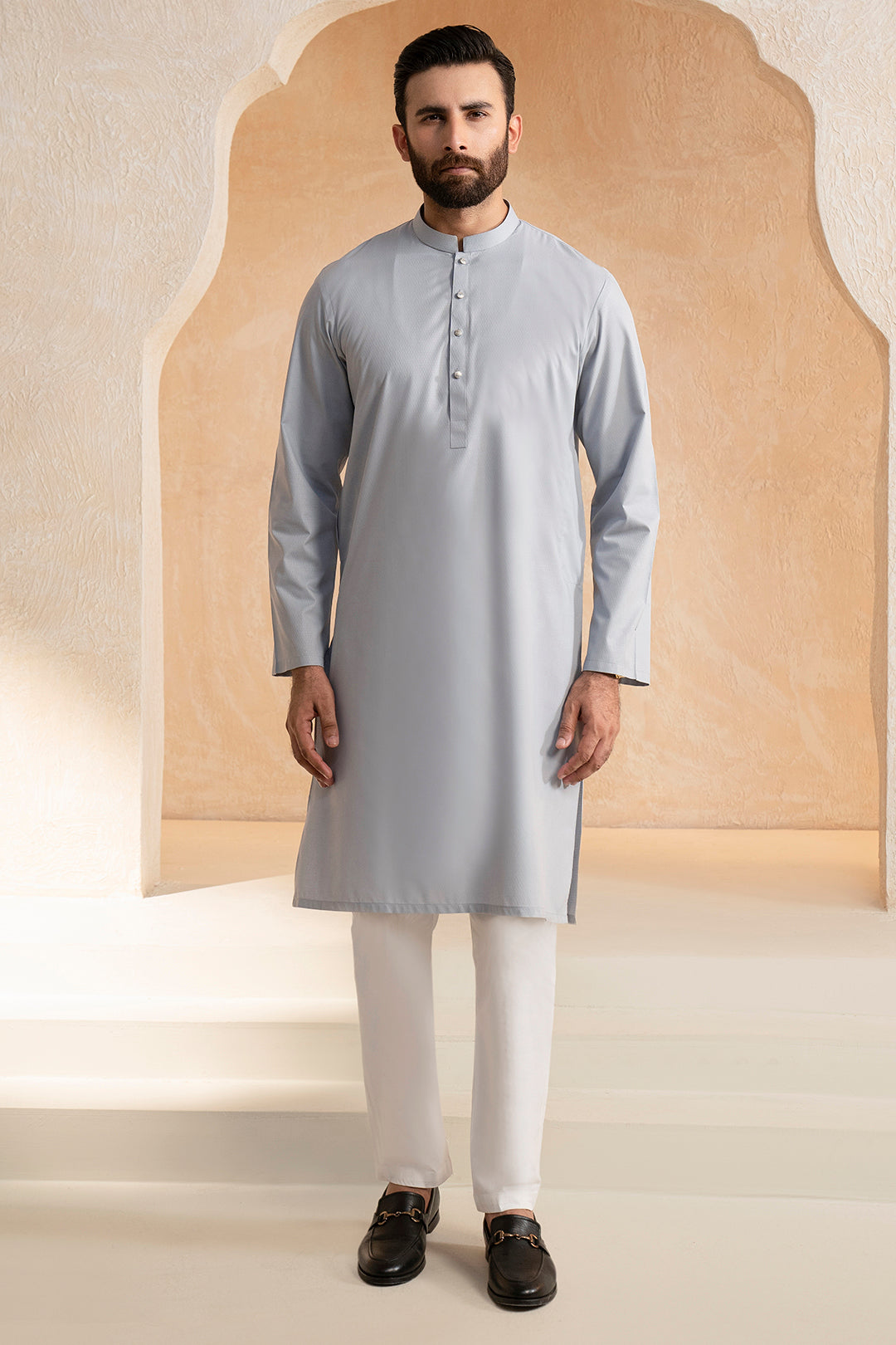 Steel Grey Textured Wash & Wear Kurta (2-Piece) - Image 2