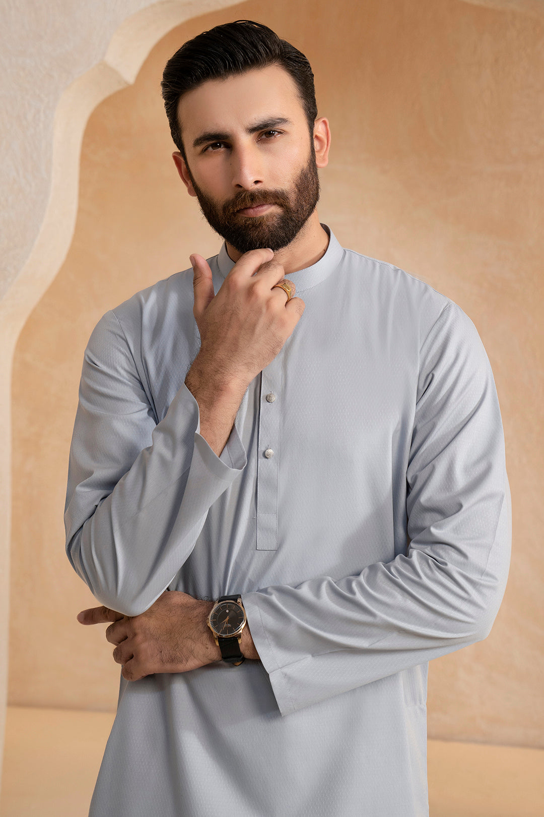 Steel Grey Textured Wash & Wear Kurta (2-Piece) - Image 3