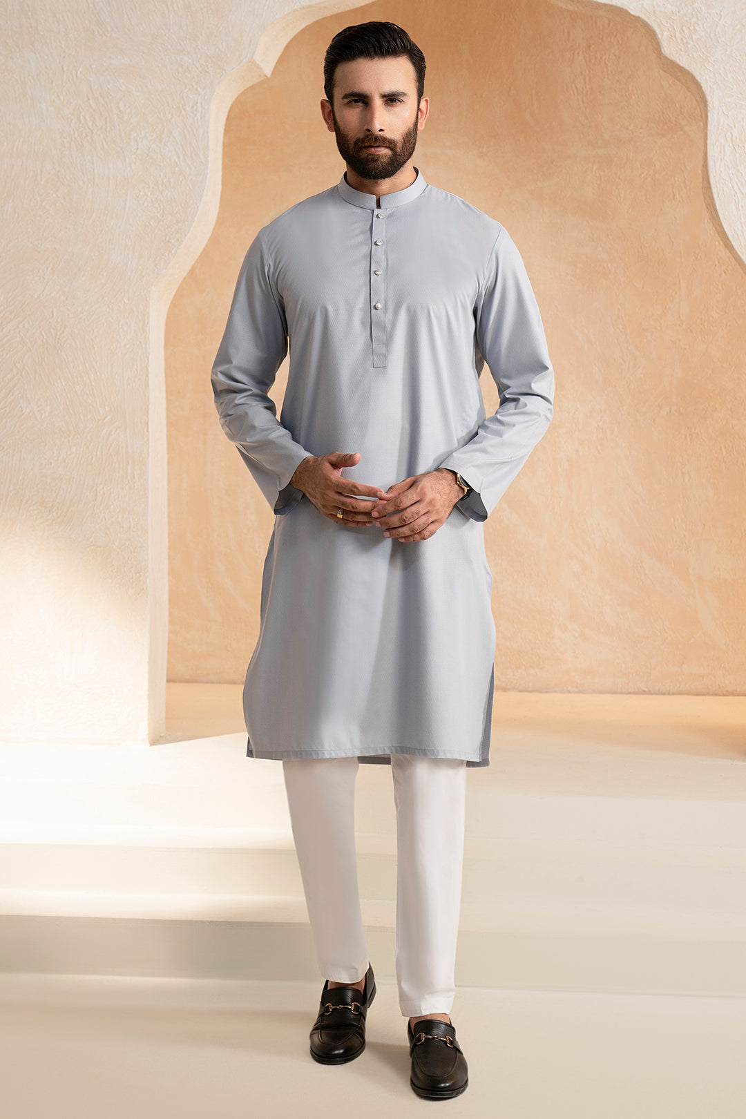 Steel Grey Textured Wash & Wear Kurta (2-Piece) - Image 5