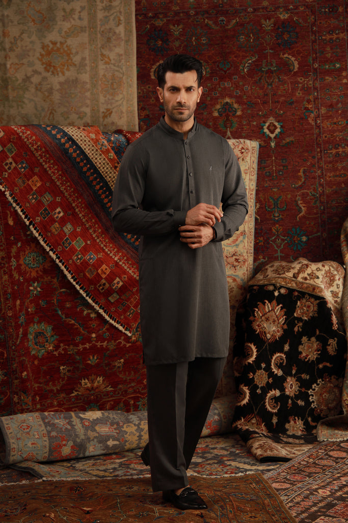 Charcoal Grey Embroidered Wash & Wear Kurta Pajama (2-Piece) - Image 1