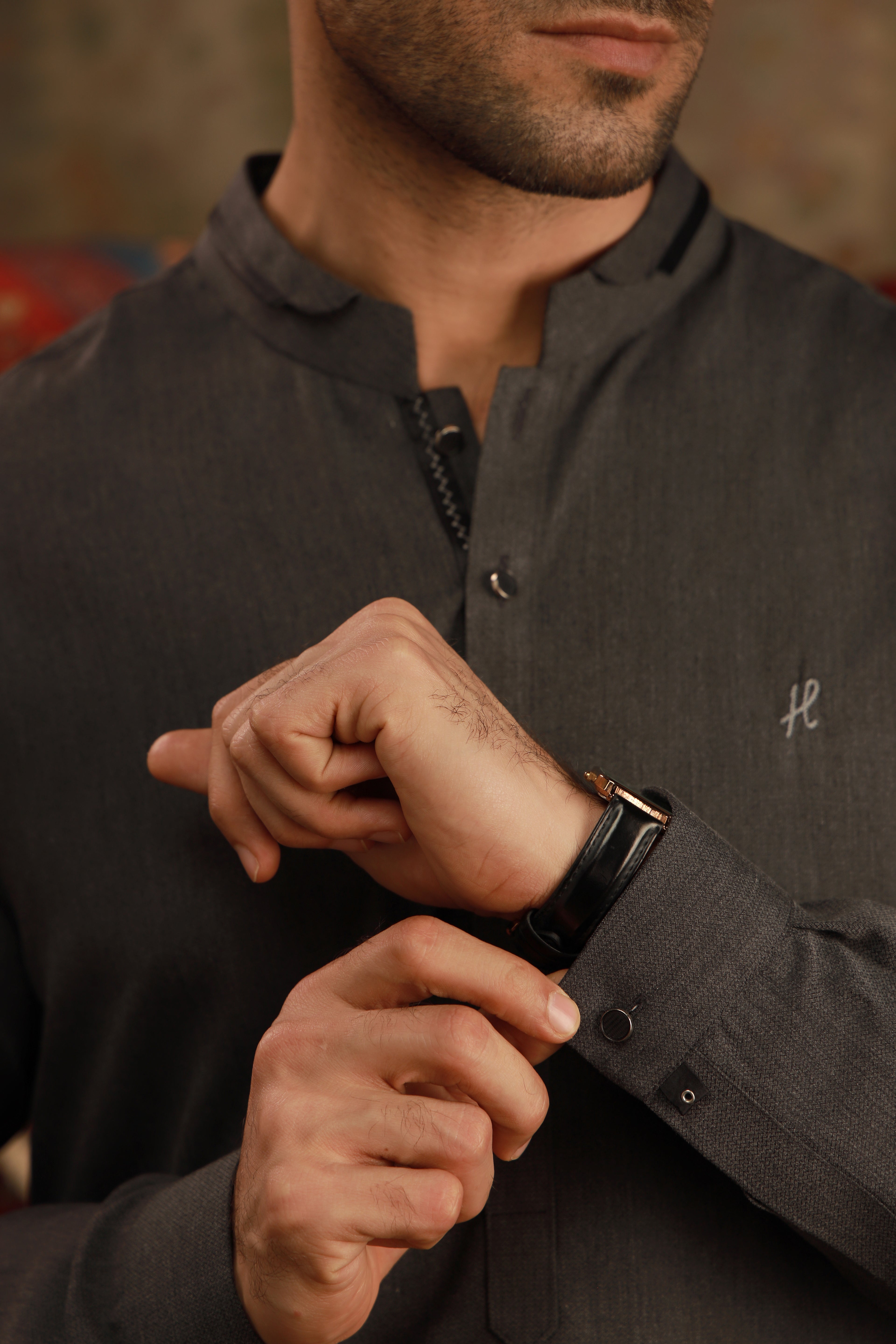 Charcoal Grey Embroidered Wash & Wear Kurta Pajama (2-Piece) - Image 3