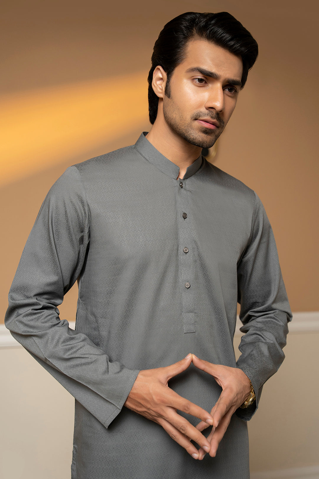 Grey Woven Texture Wash & Wear Kurta (2-Piece) - Image 1