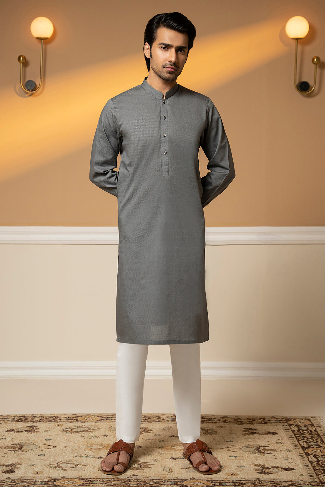 Grey Woven Texture Wash & Wear Kurta (2-Piece) - Image 2