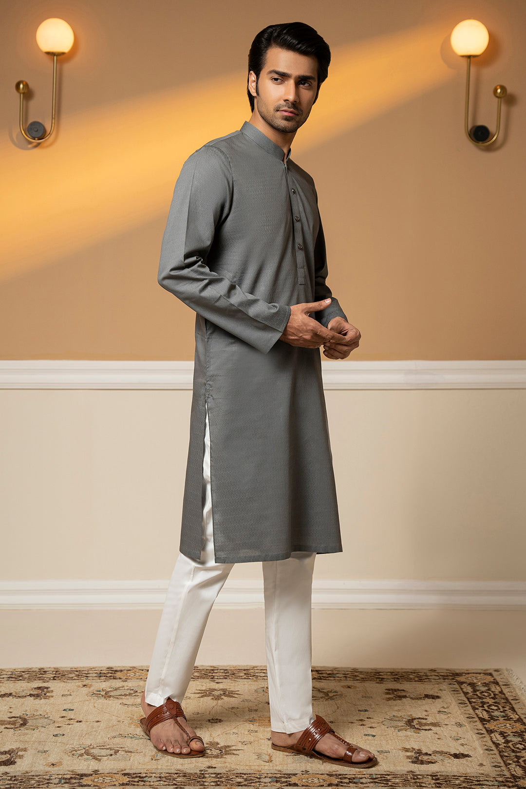Grey Woven Texture Wash & Wear Kurta (2-Piece) - Image 3