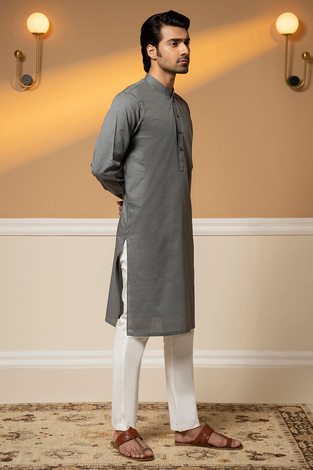 Grey Woven Texture Wash & Wear Kurta (2-Piece) - Image 4