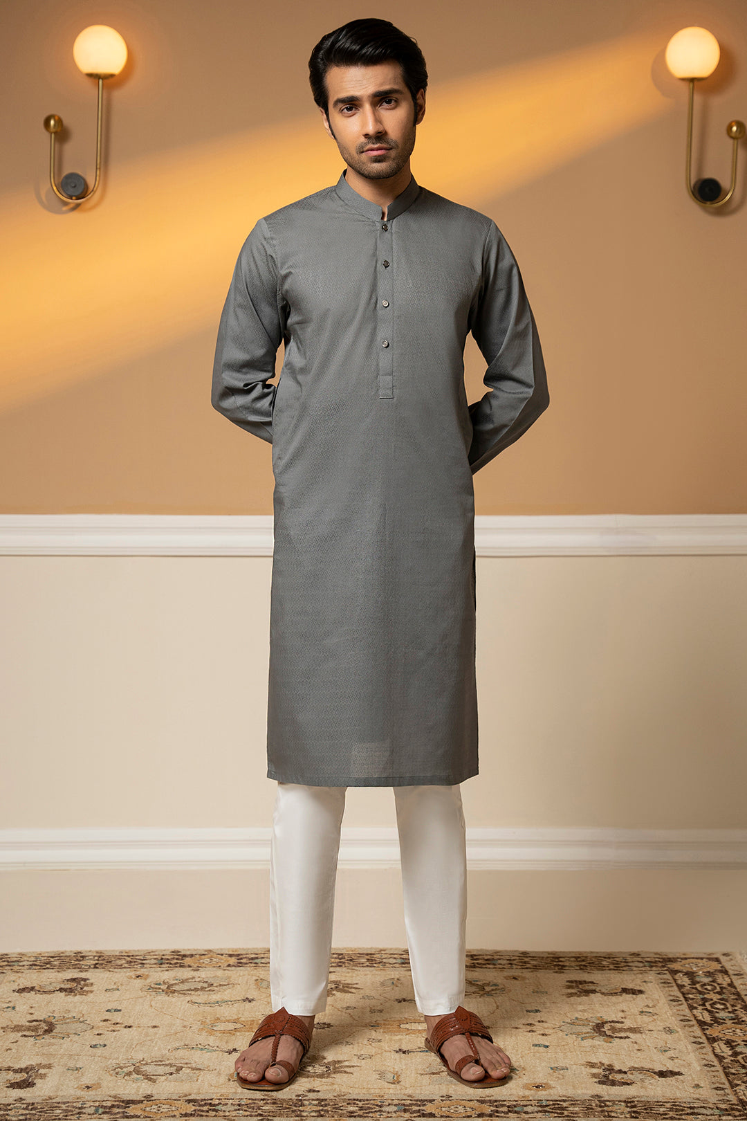 Grey Woven Texture Wash & Wear Kurta (2-Piece) - Image 6