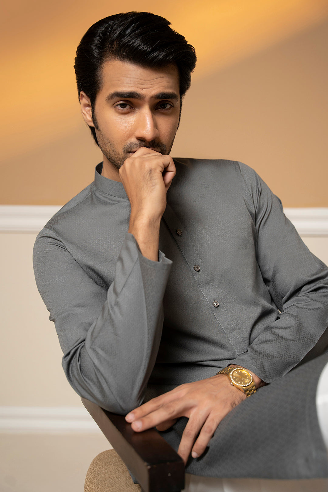 Grey Woven Texture Wash & Wear Kurta (2-Piece) - Image 7