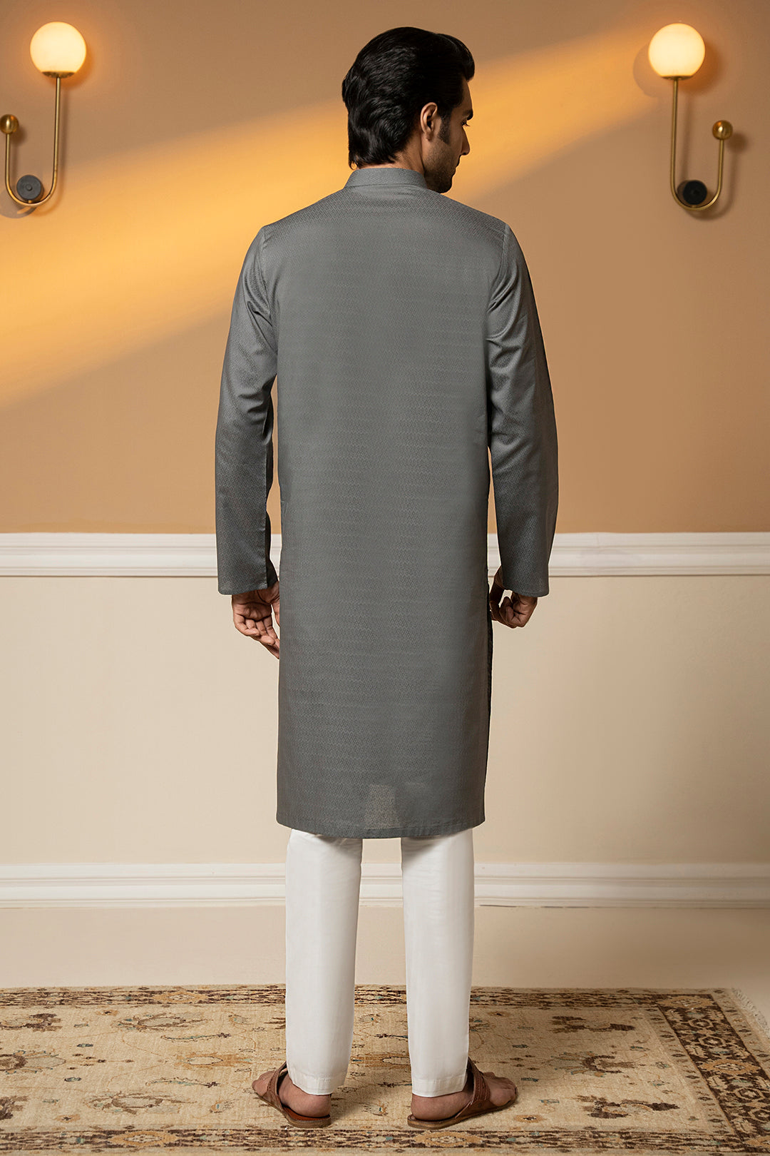 Grey Woven Texture Wash & Wear Kurta (2-Piece) - Image 8