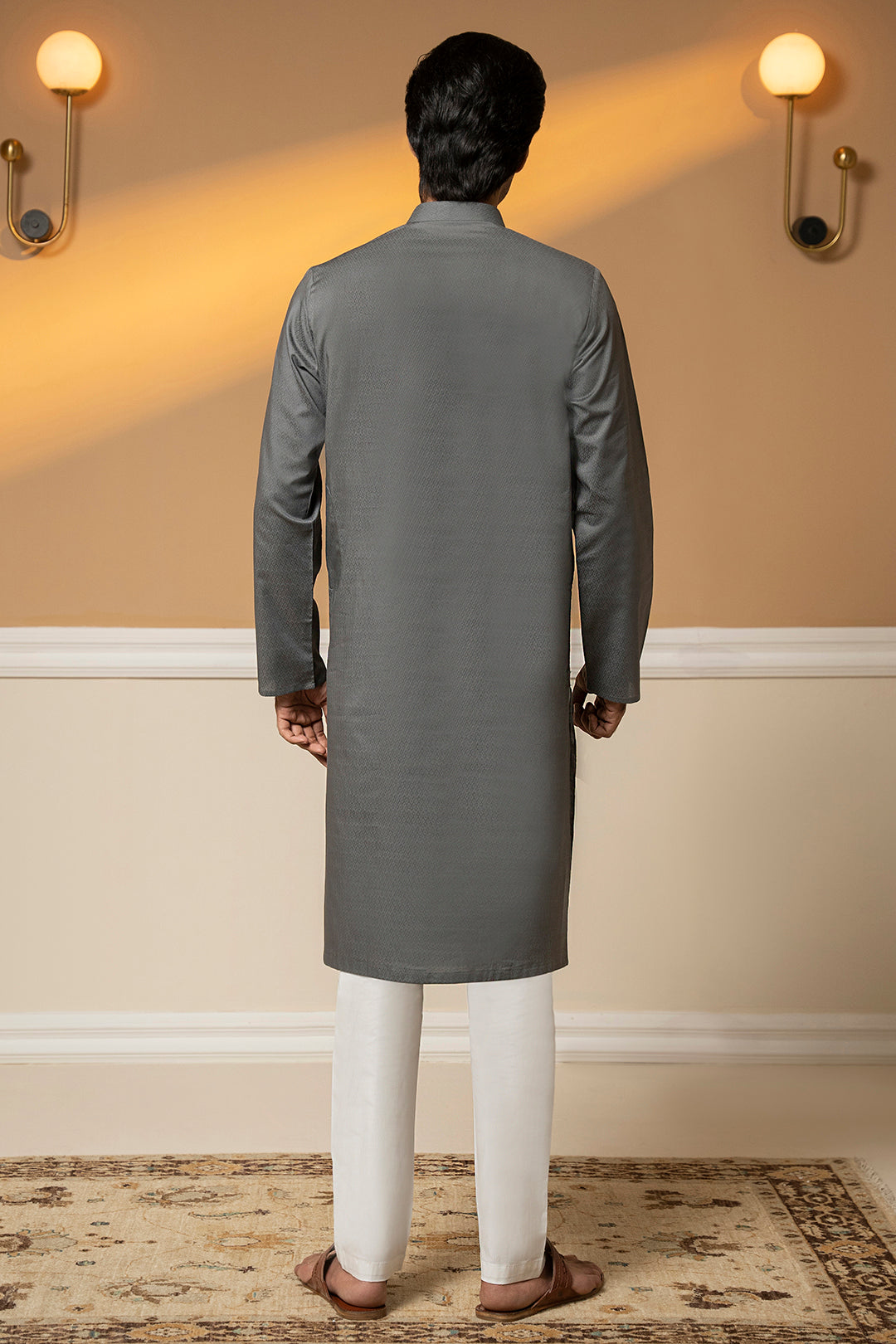 Grey Woven Texture Wash & Wear Kurta (2-Piece) - Image 9