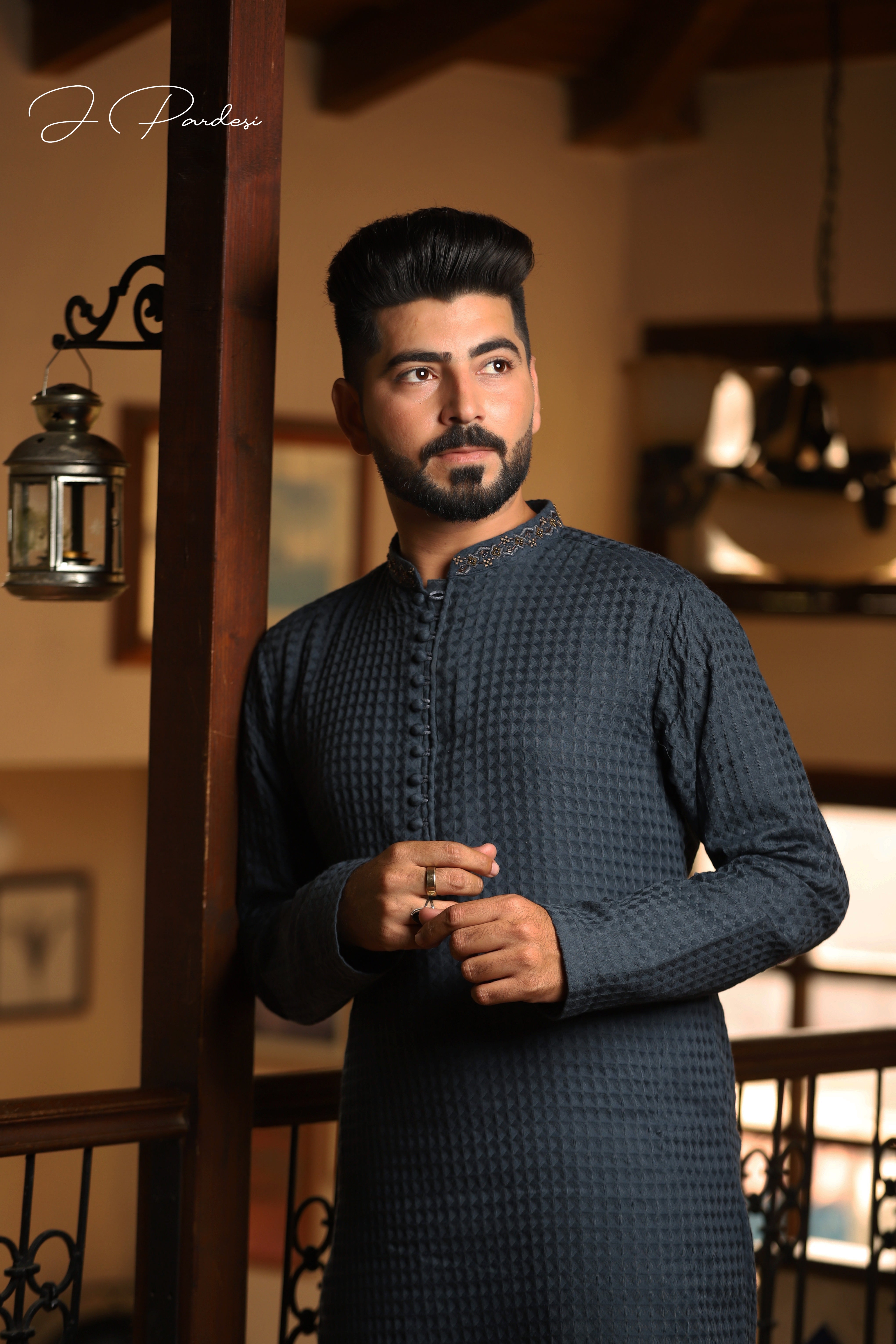 Charcoal Grey Embroidered Textured Kurta Pajama (2-Piece) - Image 1