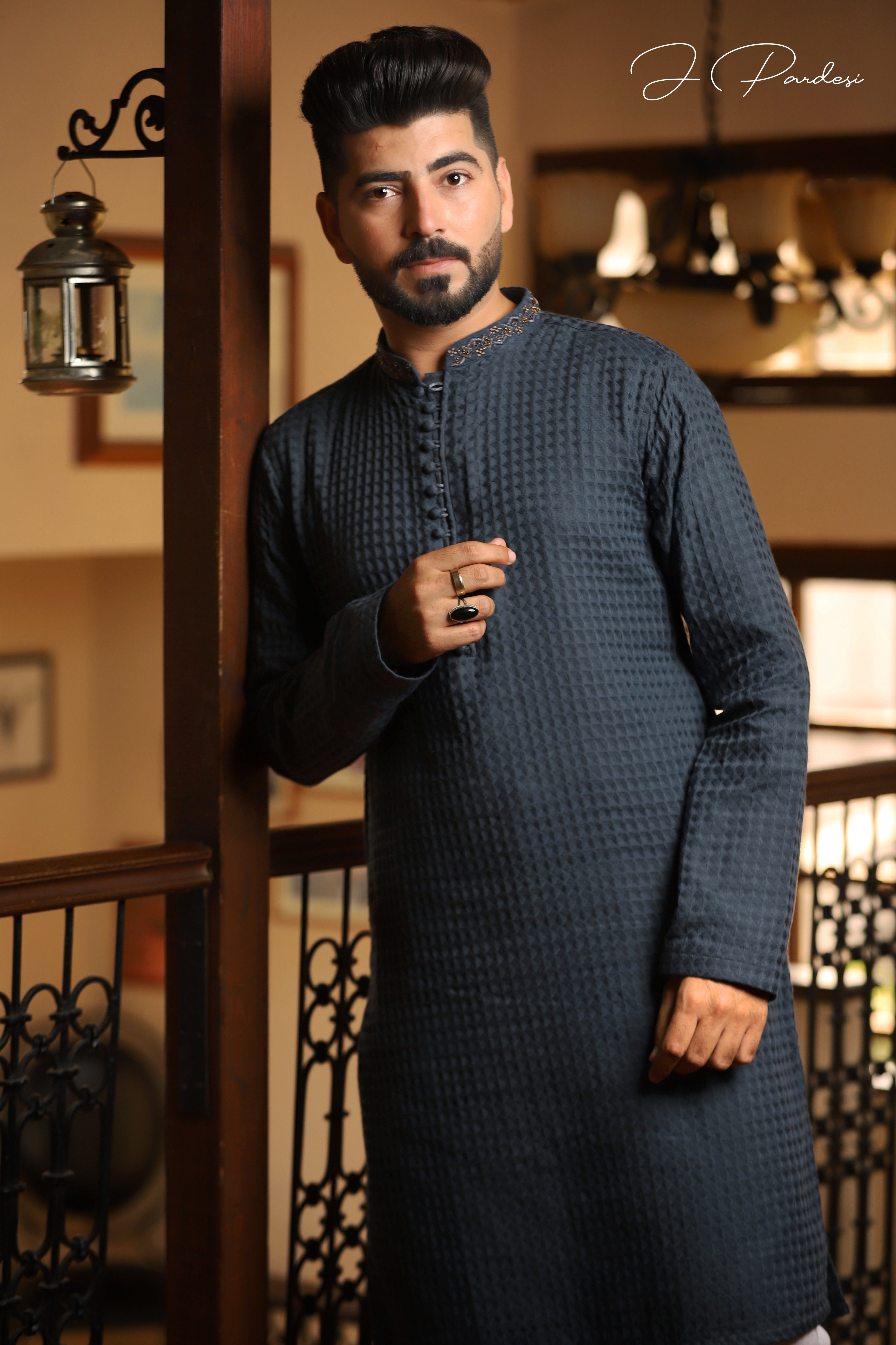 Charcoal Grey Embroidered Textured Kurta Pajama (2-Piece) - Image 3