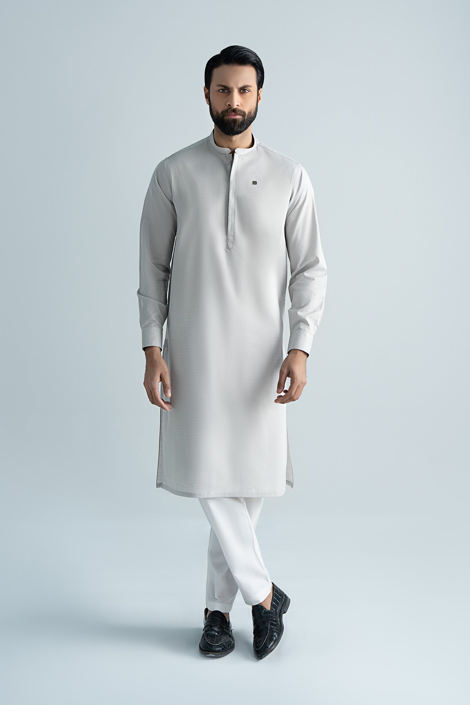Pastel Grey Cut & Sew Yarn Dyed Kurta Pajama (2-Piece) - Image 1