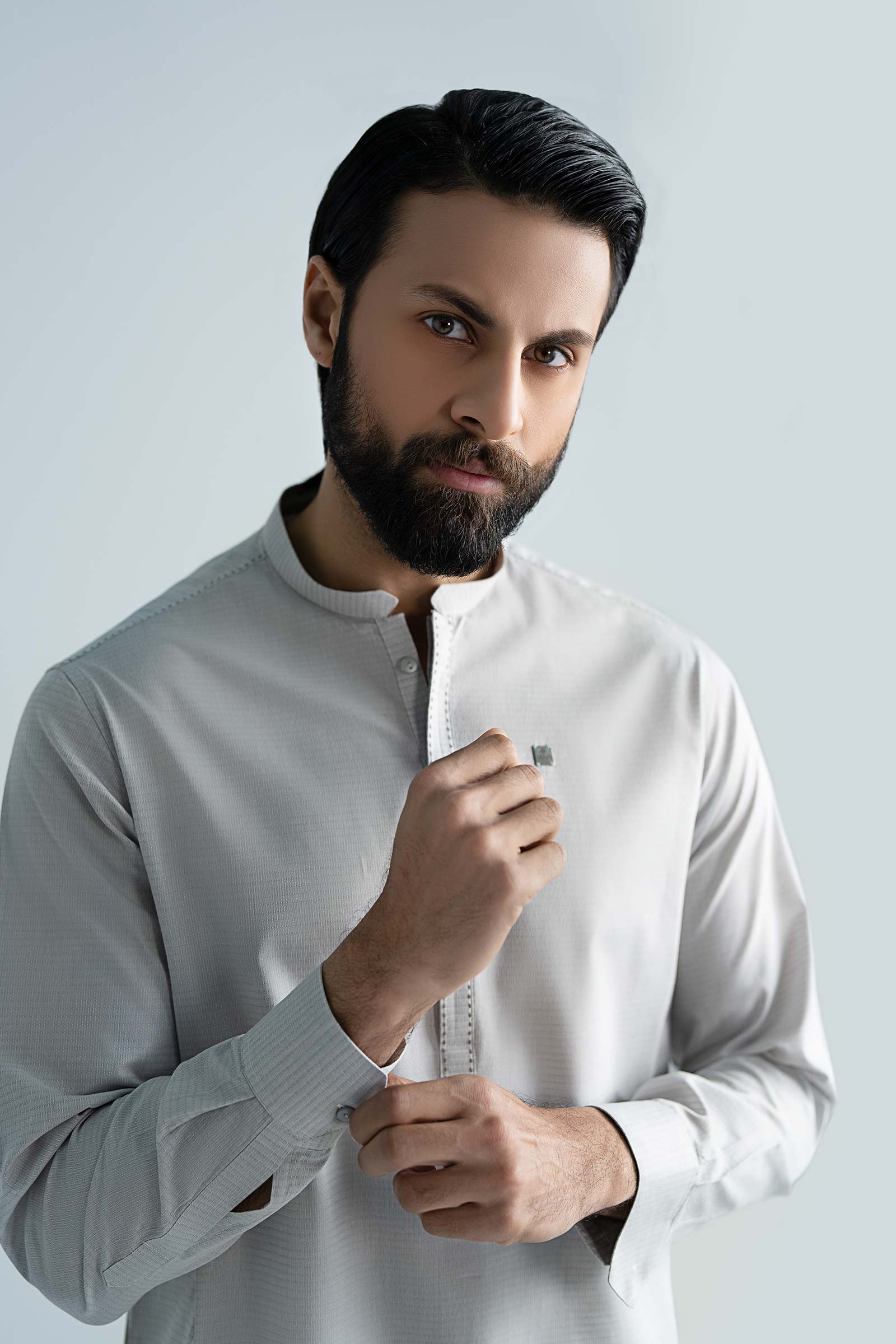 Pastel Grey Cut & Sew Yarn Dyed Kurta Pajama (2-Piece) - Image 2
