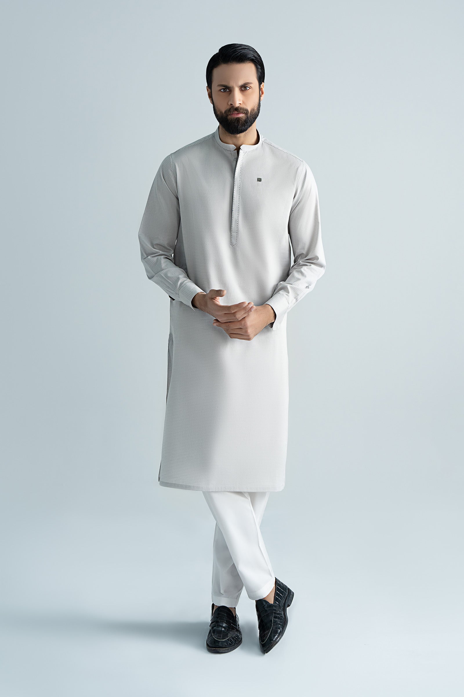 Pastel Grey Cut & Sew Yarn Dyed Kurta Pajama (2-Piece) - Image 3