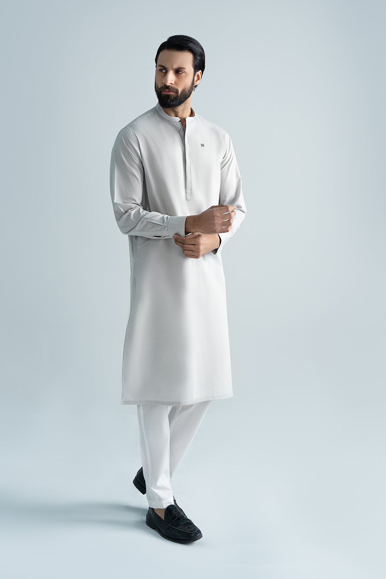 Pastel Grey Cut & Sew Yarn Dyed Kurta Pajama (2-Piece) - Image 4