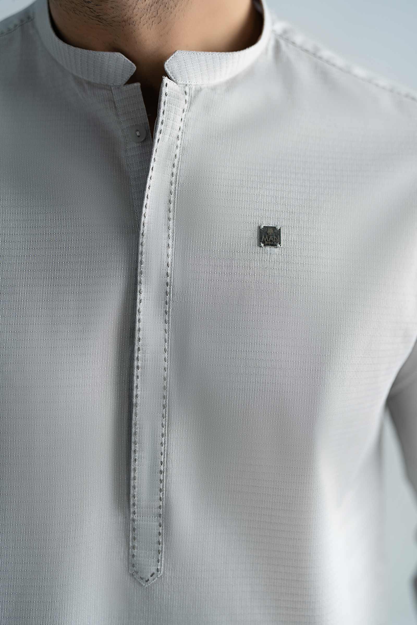 Pastel Grey Cut & Sew Yarn Dyed Kurta Pajama (2-Piece) - Image 5