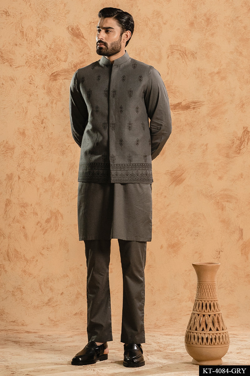 Grey Embroidered Cotton Blend Kurta Trouser (2-Piece) - Image 1