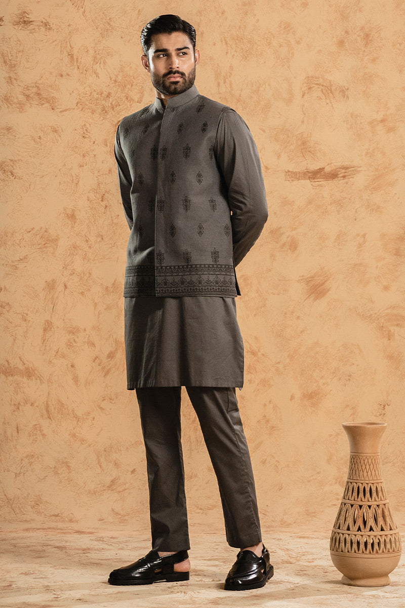 Grey Embroidered Cotton Blend Kurta Trouser (2-Piece) - Image 2