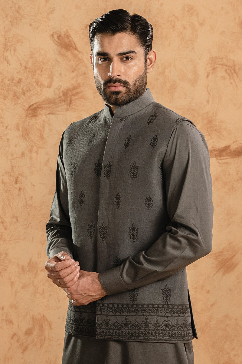 Grey Embroidered Cotton Blend Kurta Trouser (2-Piece) - Image 3