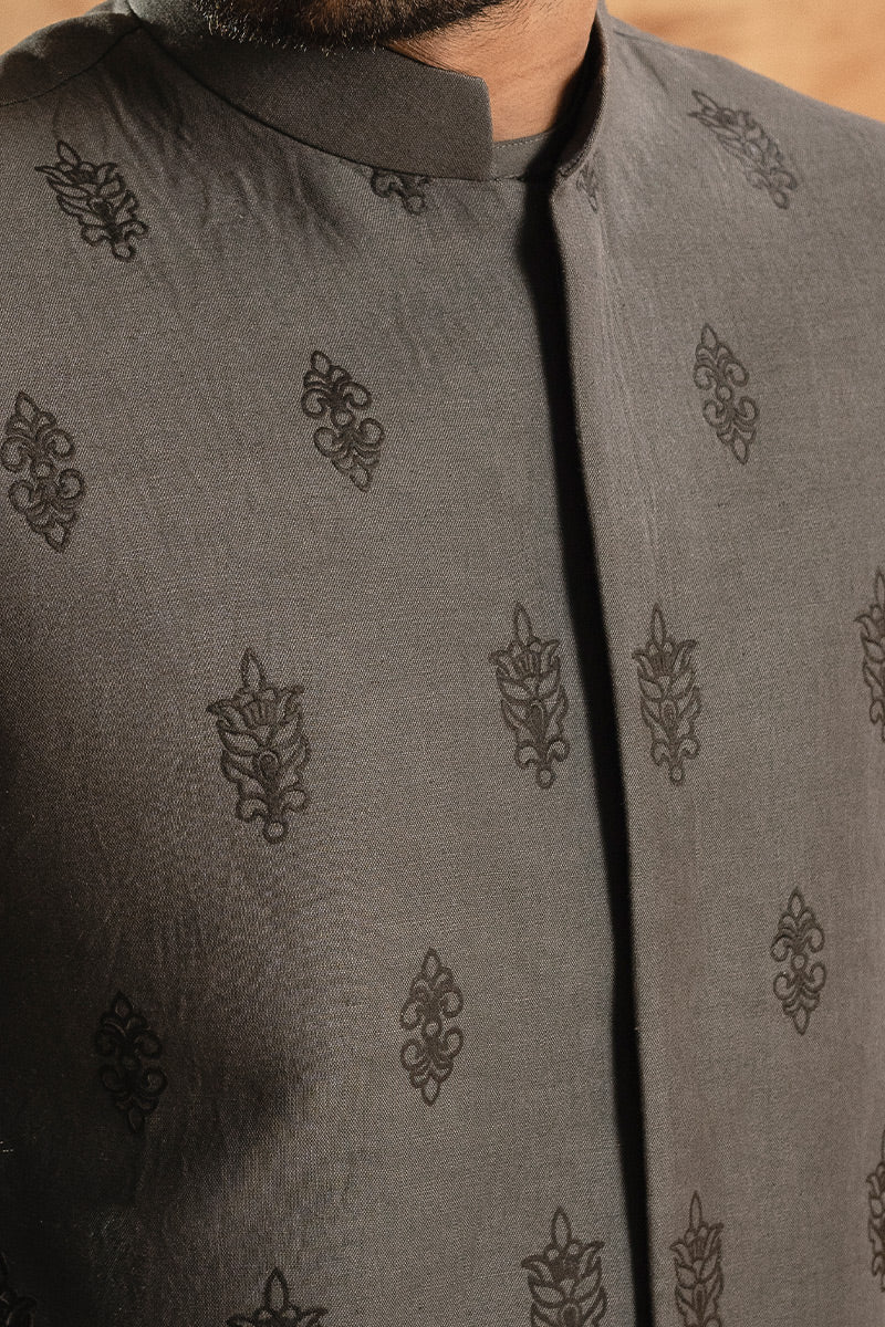 Grey Embroidered Cotton Blend Kurta Trouser (2-Piece) - Image 4