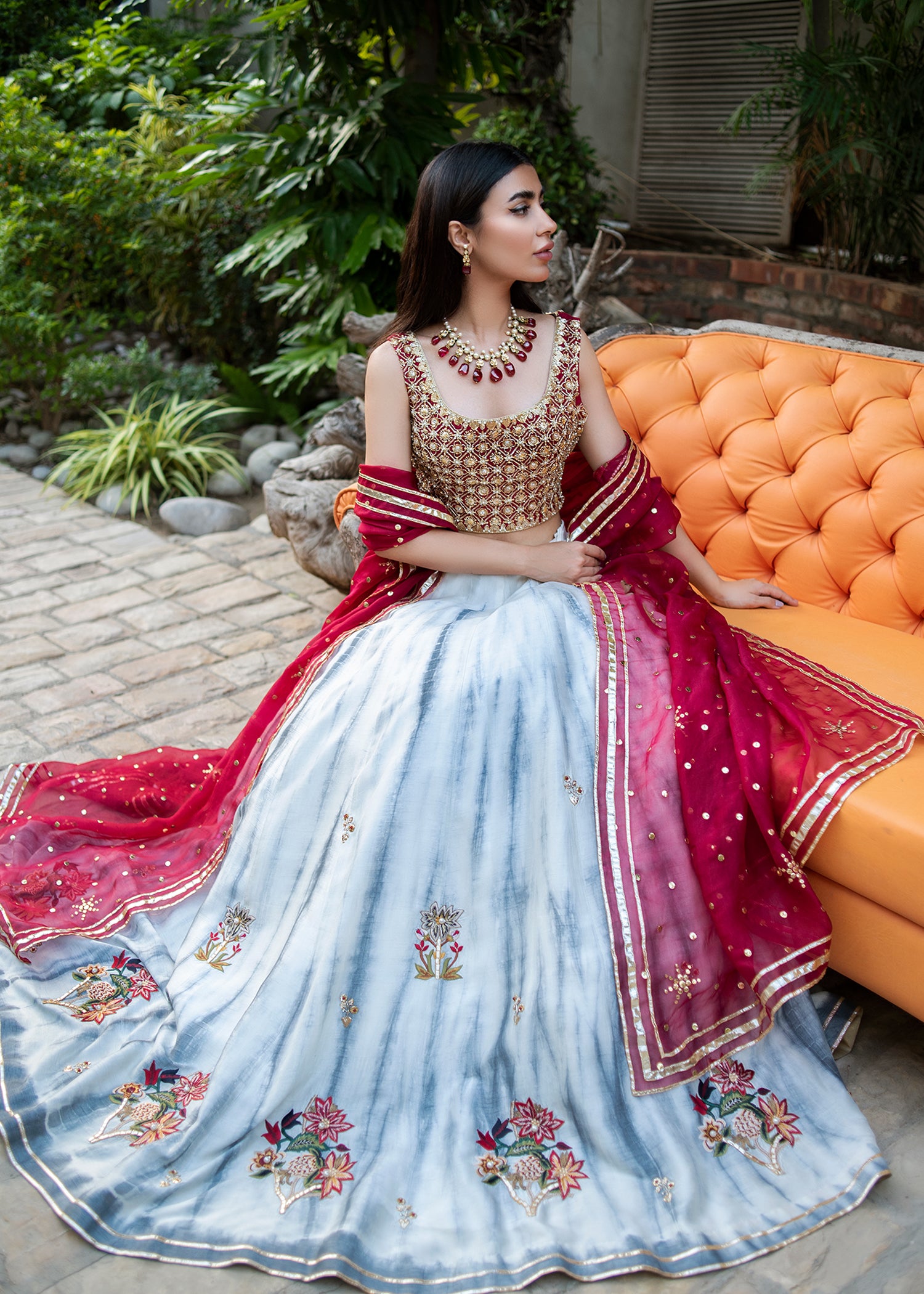 Grey Tie-Dye Embroidered Silk Lehenga Choli (3-Piece) - Image 2