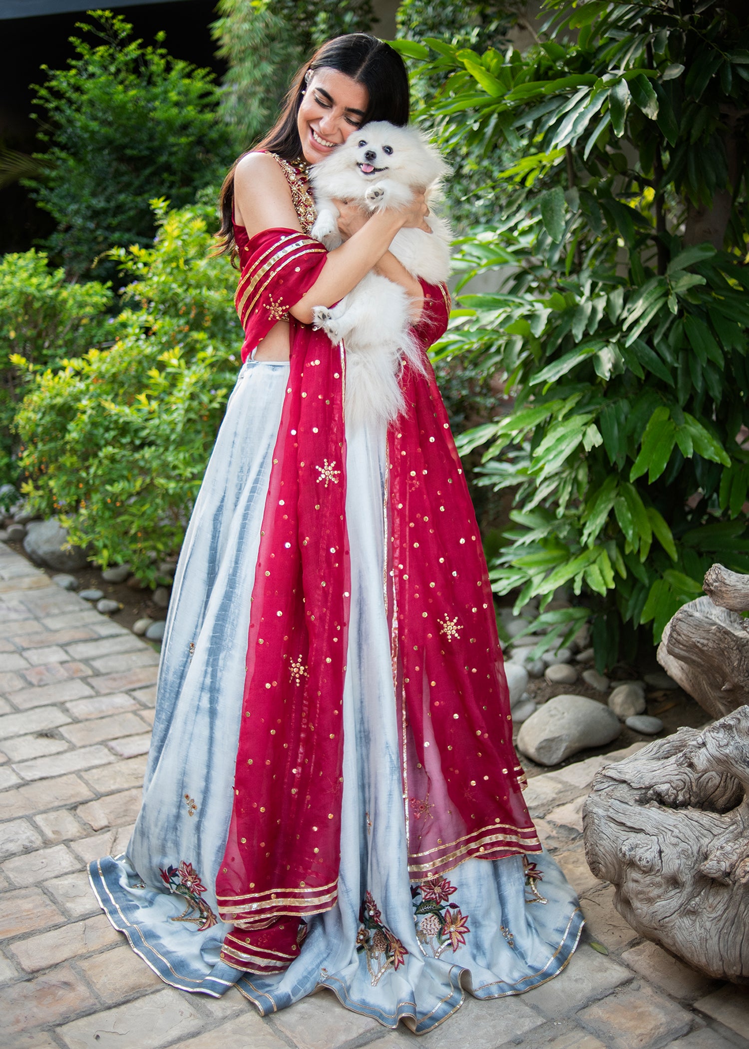 Grey Tie-Dye Embroidered Silk Lehenga Choli (3-Piece) - Image 3