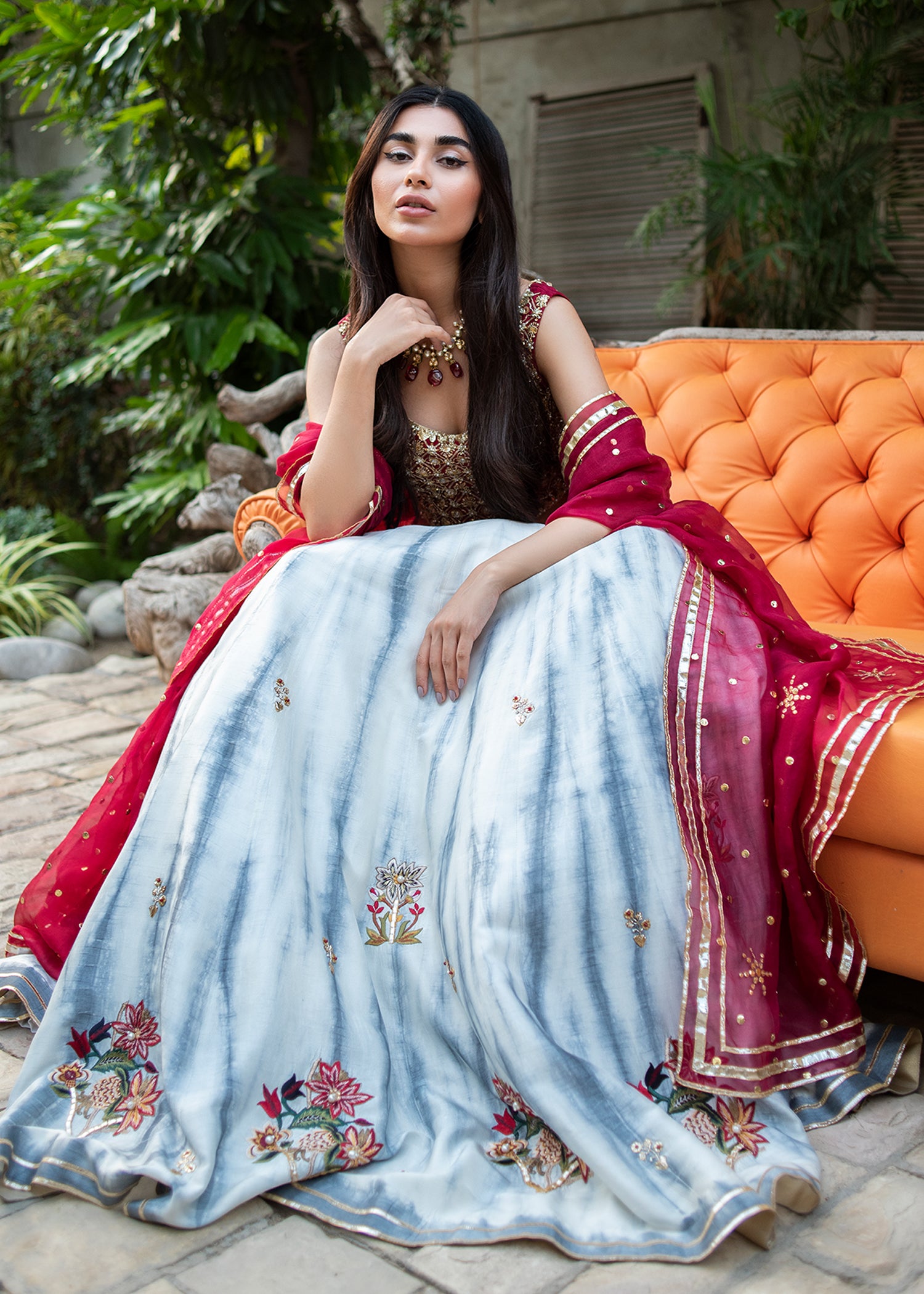 Grey Tie-Dye Embroidered Silk Lehenga Choli (3-Piece) - Image 4