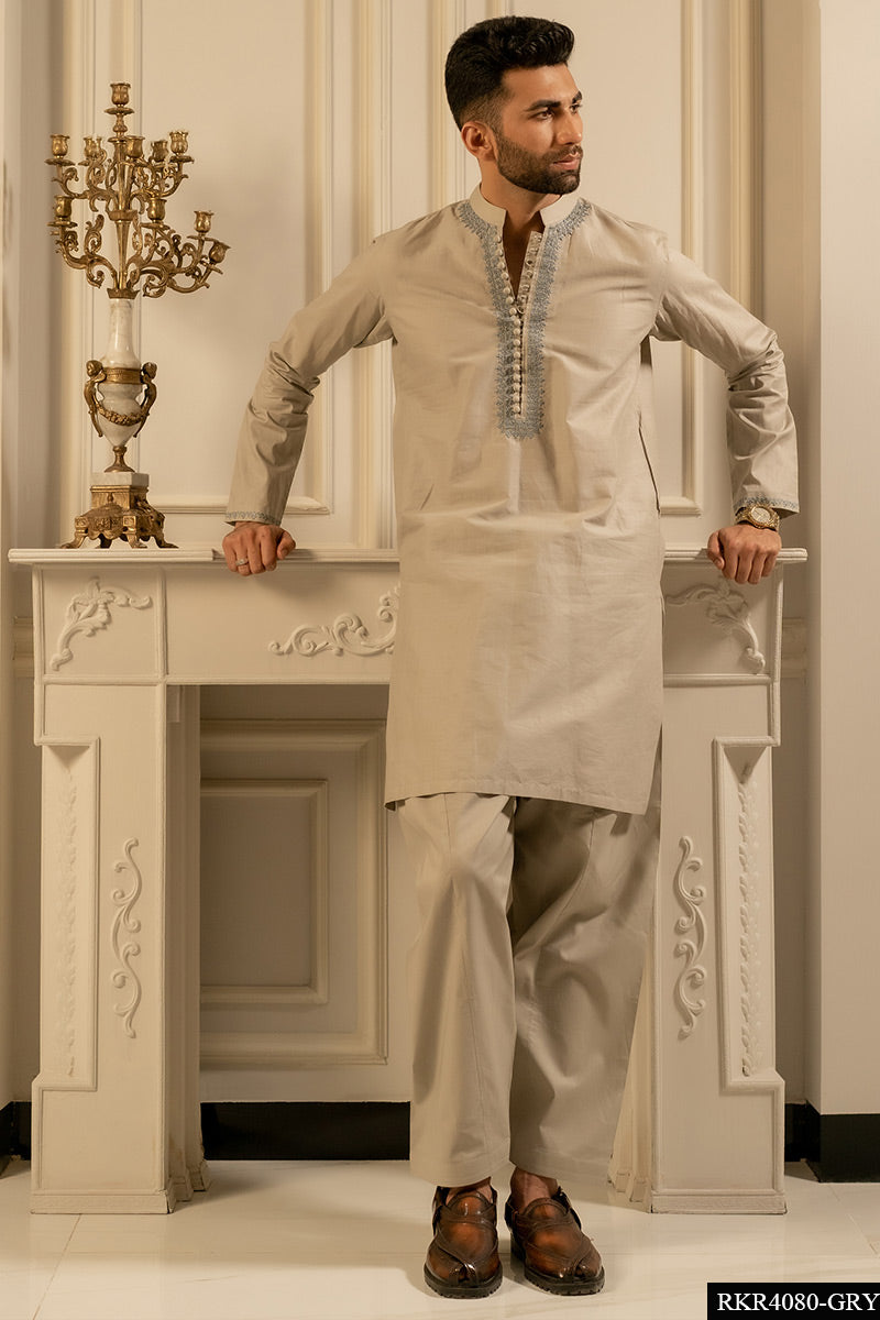 Grey Embroidered Cotton Kurta Set (2-Piece) - Image 1