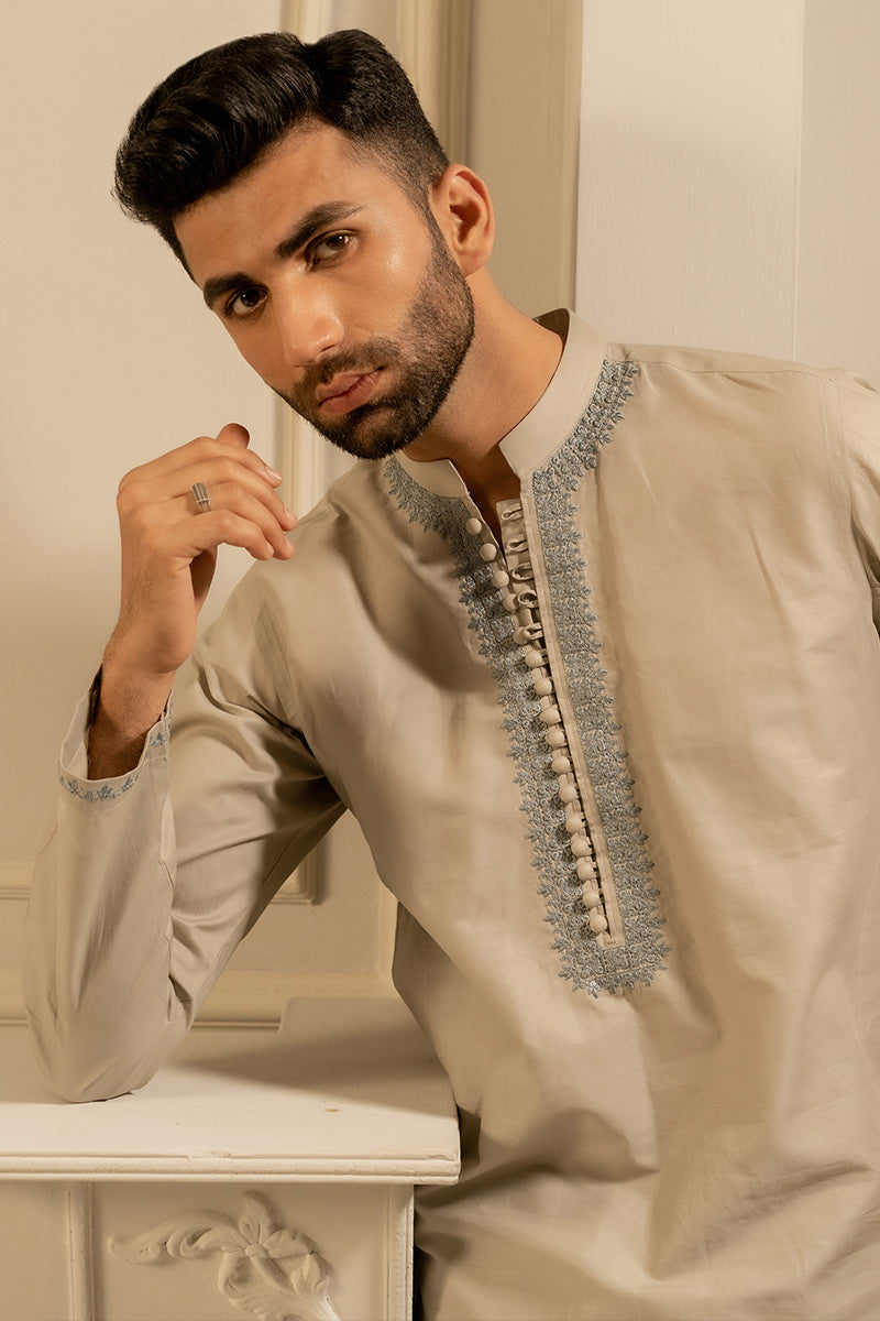 Grey Embroidered Cotton Kurta Set (2-Piece) - Image 2