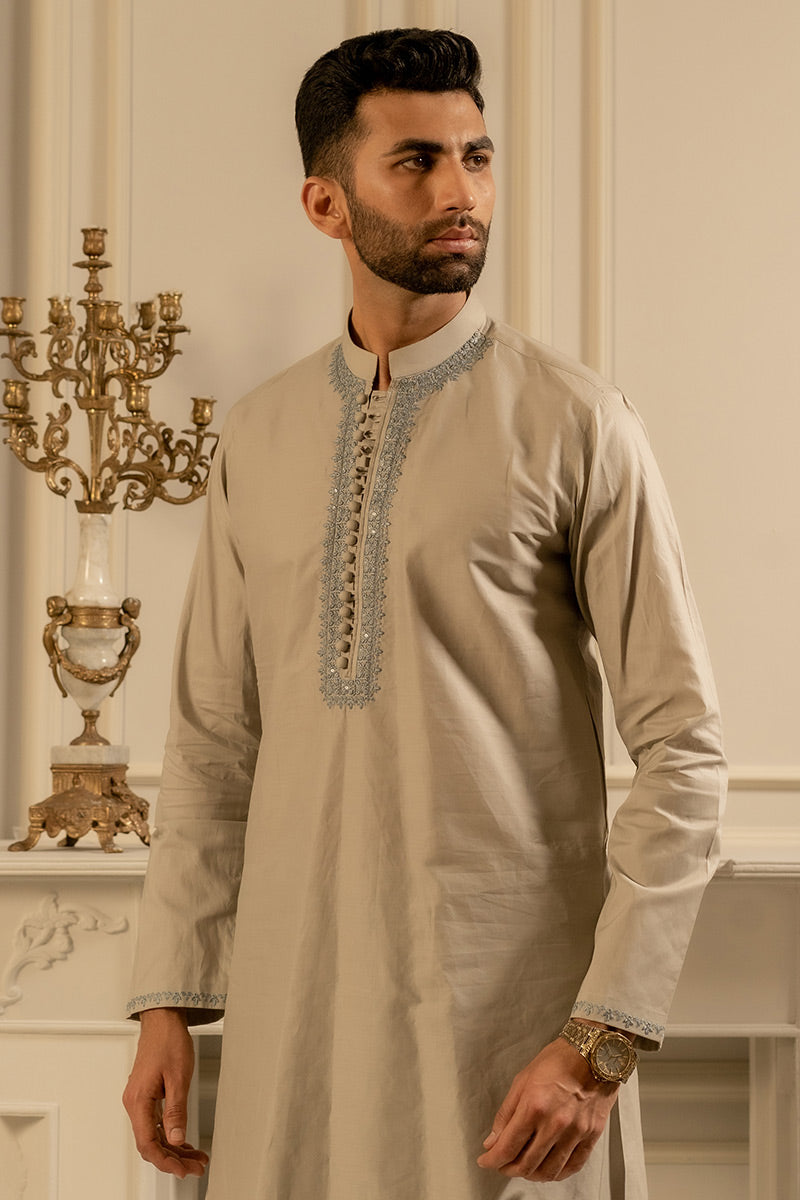 Grey Embroidered Cotton Kurta Set (2-Piece) - Image 3