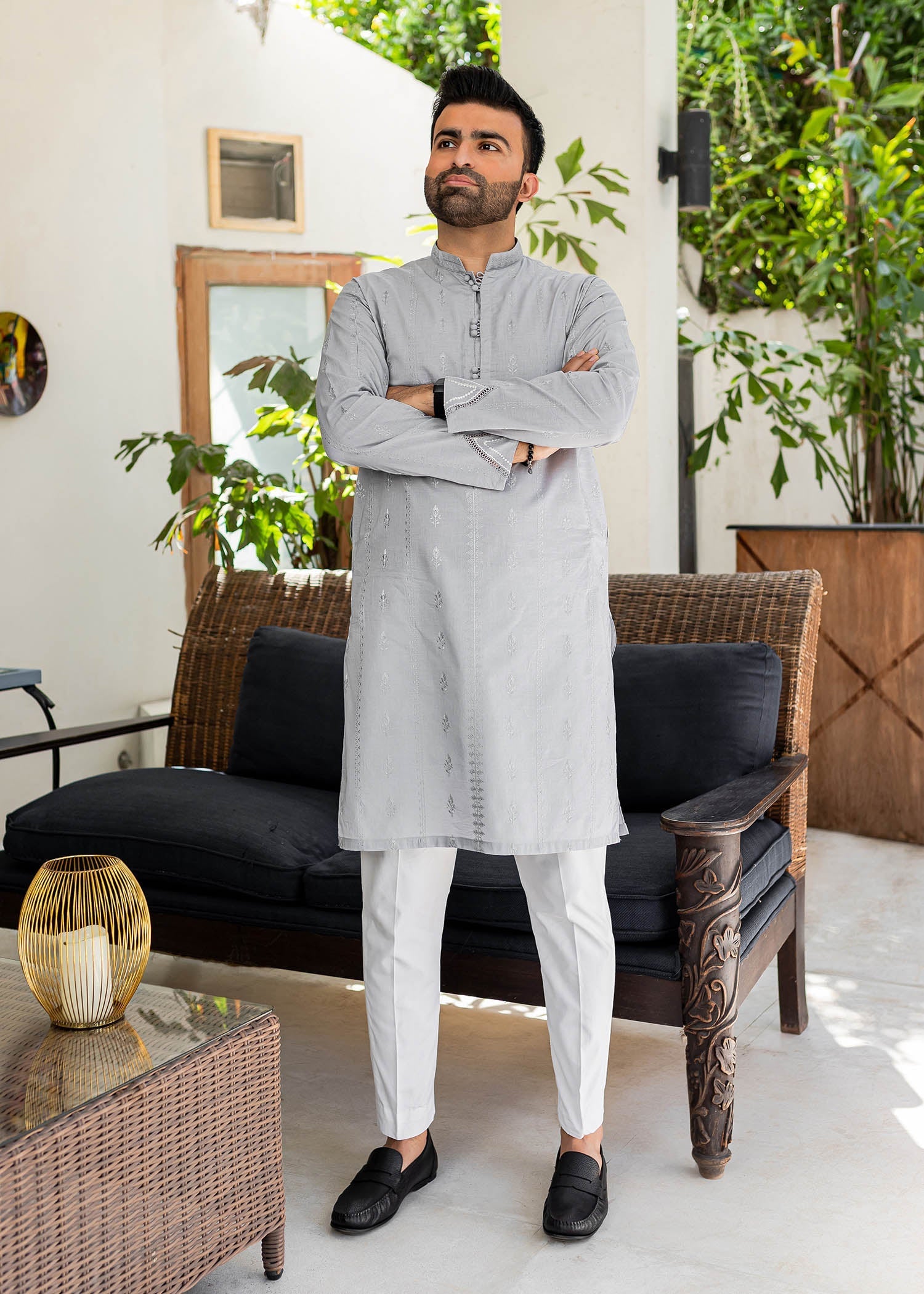 Grey Chikankari Cotton Slim Fit Kurta (2-Piece) - Image 4
