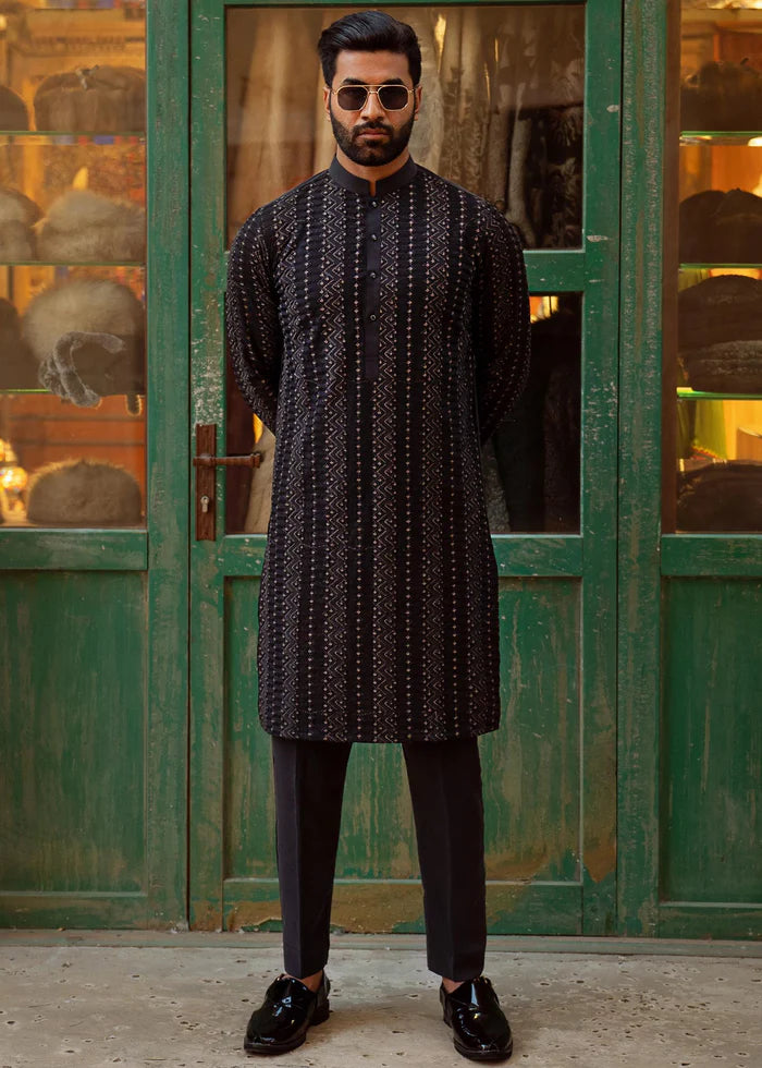 Charcoal Grey Embroidered Cotton Kurta Pajama (2-Piece) - Image 1