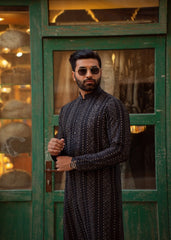 Charcoal Grey Embroidered Cotton Kurta Pajama (2-Piece) - Image 3