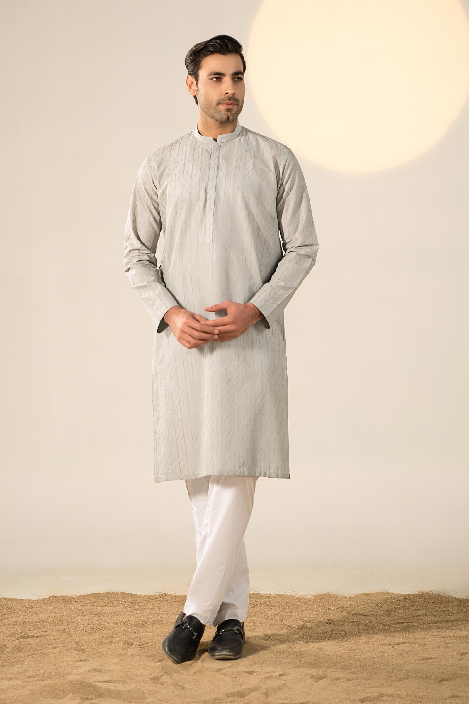 Grey Schiffli Embroidered Cotton Kurta (2-Piece) - Image 1