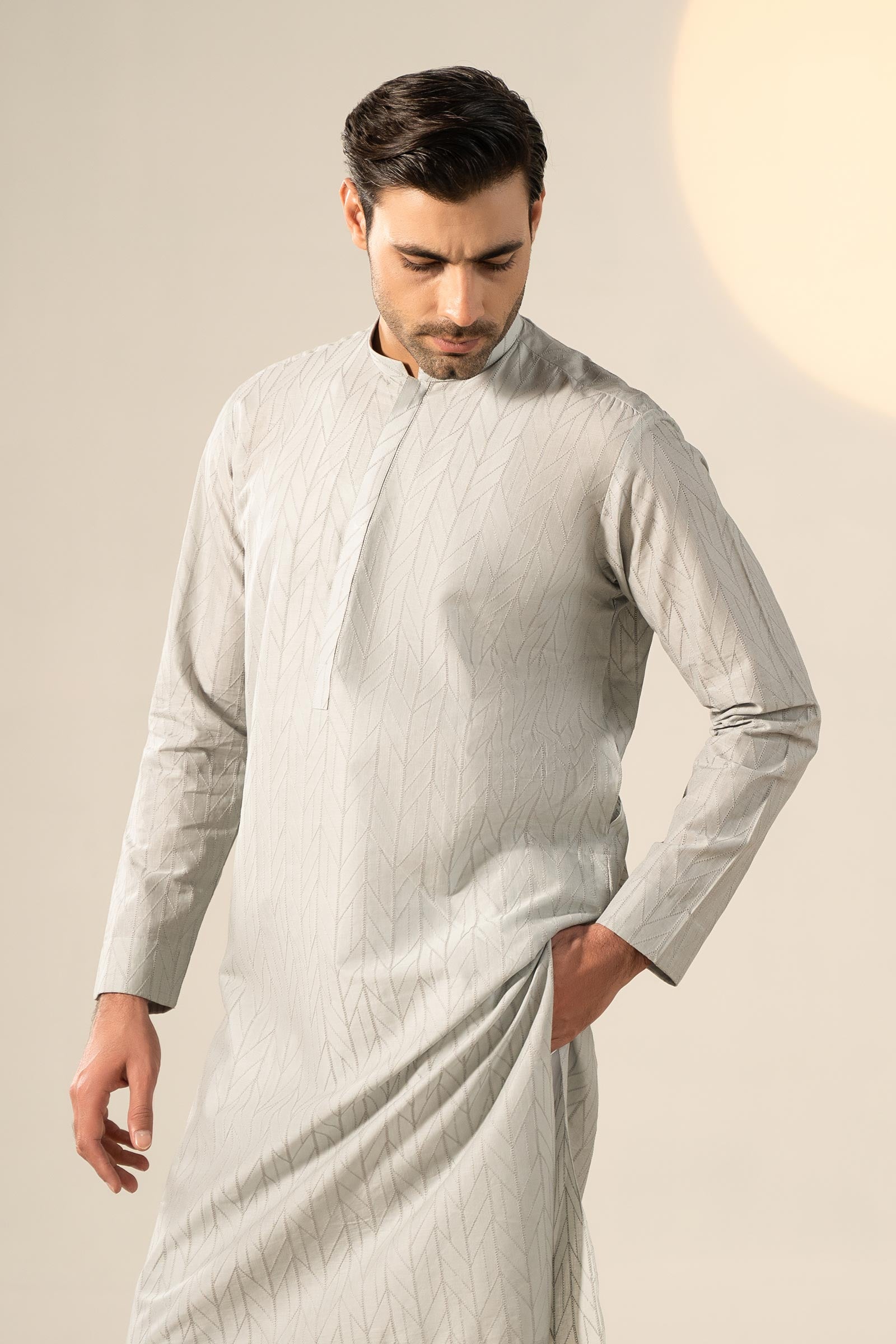 Grey Schiffli Embroidered Cotton Kurta (2-Piece) - Image 4