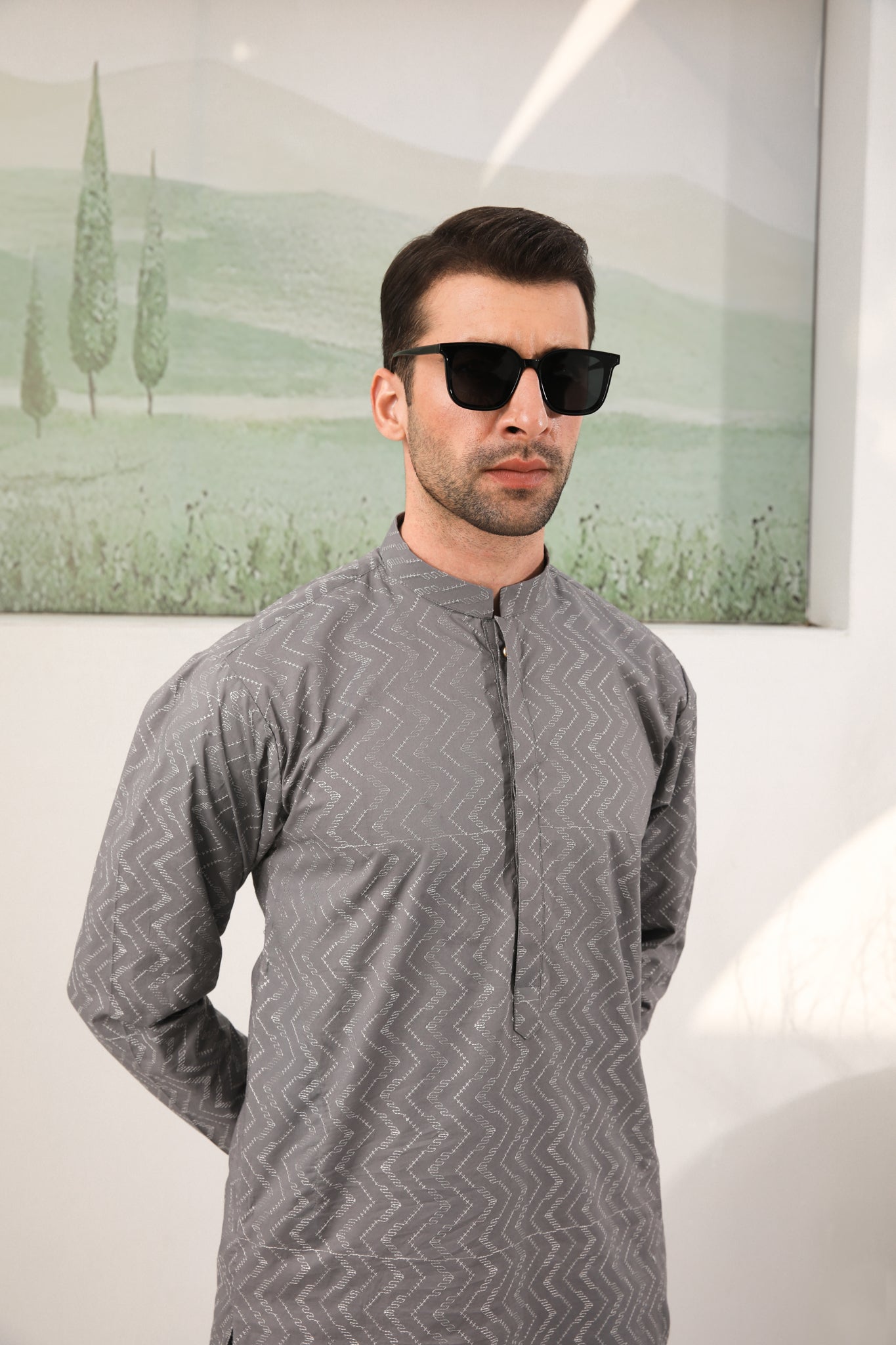 Light Grey Schiffli Cotton Kurta Trouser Set (2-Piece) - Image 1