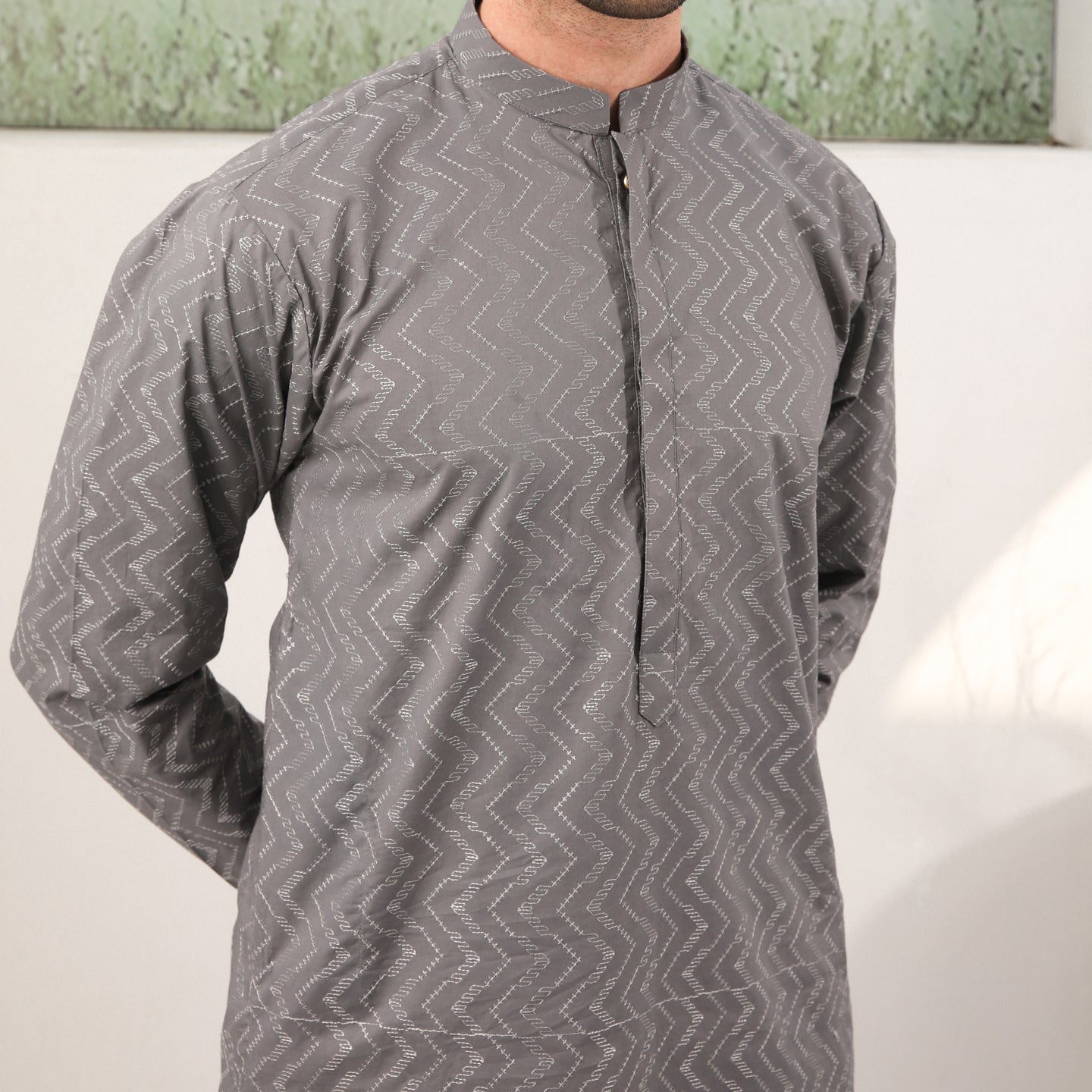Light Grey Schiffli Cotton Kurta Trouser Set (2-Piece) - Image 3