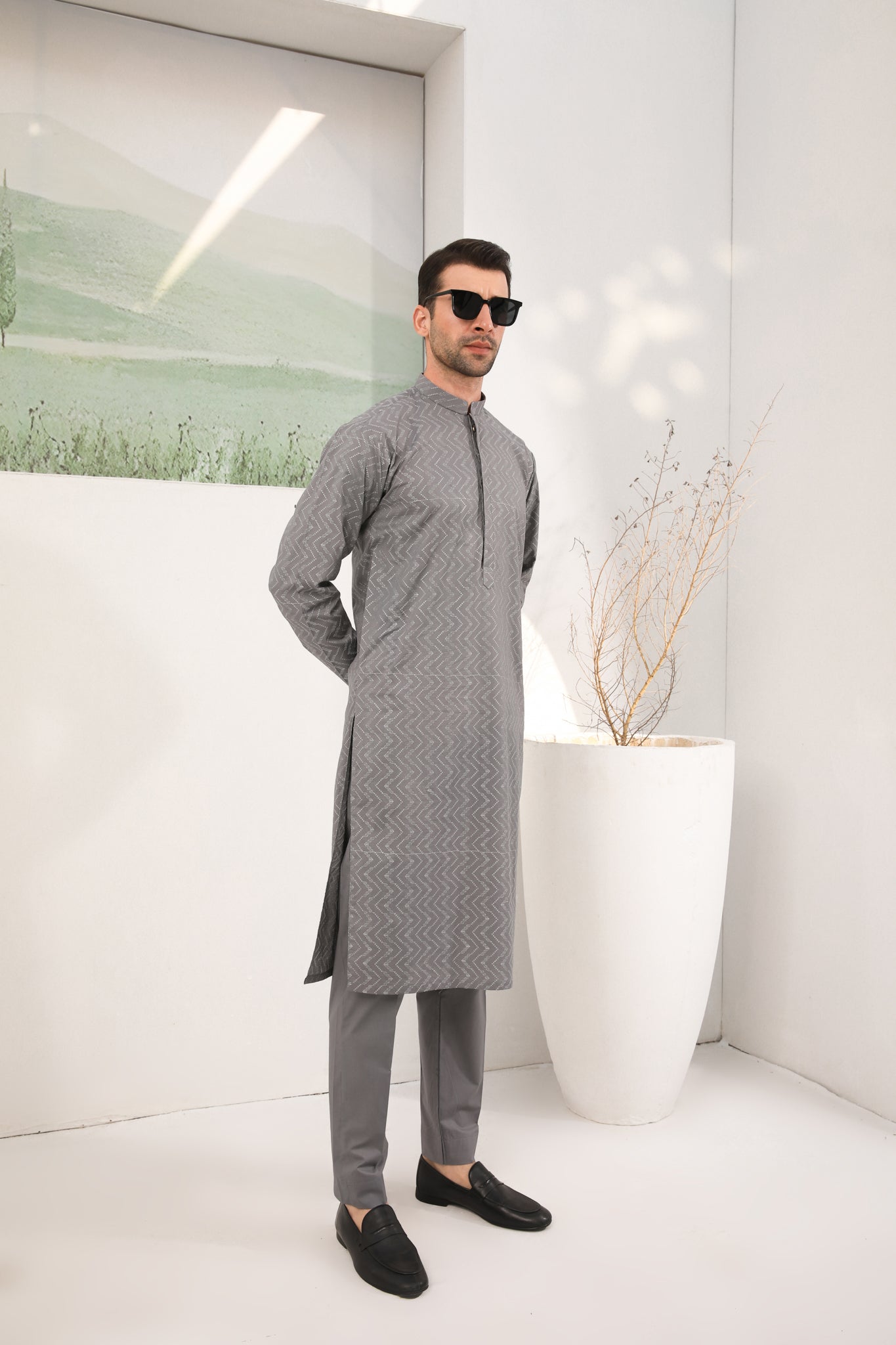 Light Grey Schiffli Cotton Kurta Trouser Set (2-Piece) - Image 4