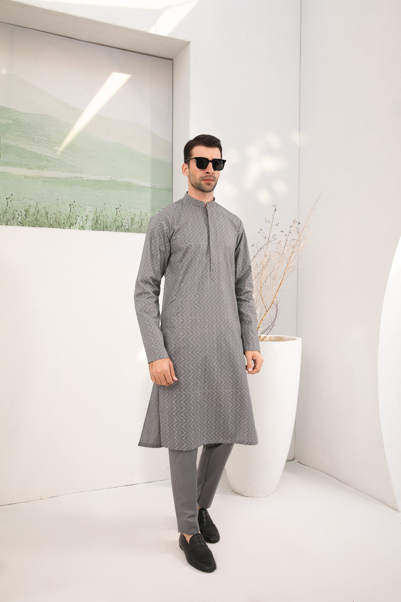 Light Grey Schiffli Cotton Kurta Trouser Set (2-Piece) - Image 5
