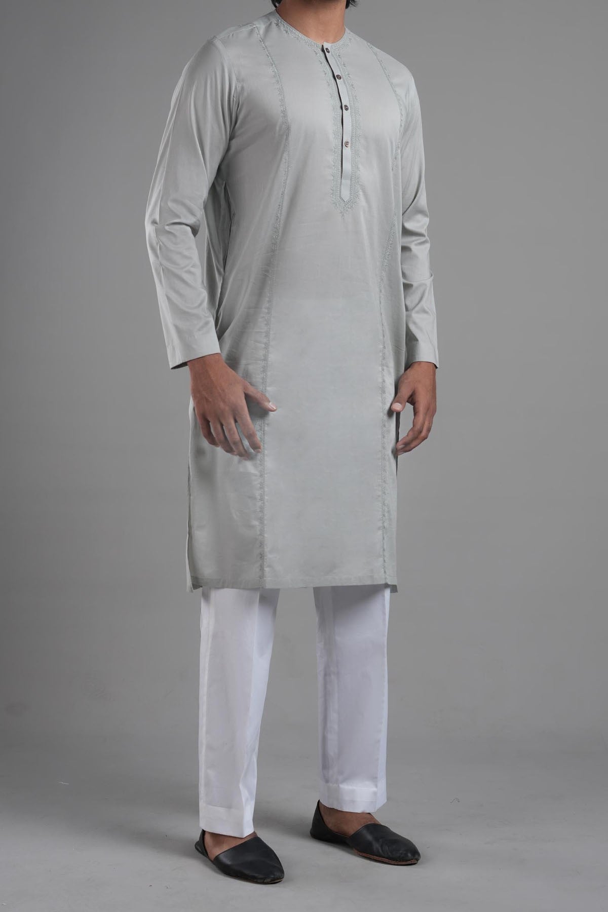 Ready Grey Embroidered Egyptian Cotton Kurta (1-Pc) - Image 3