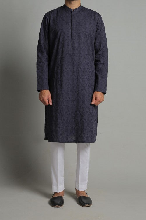 Slate Grey Embroidered Egyptian Cotton Kurta (2-Piece) - Image 1