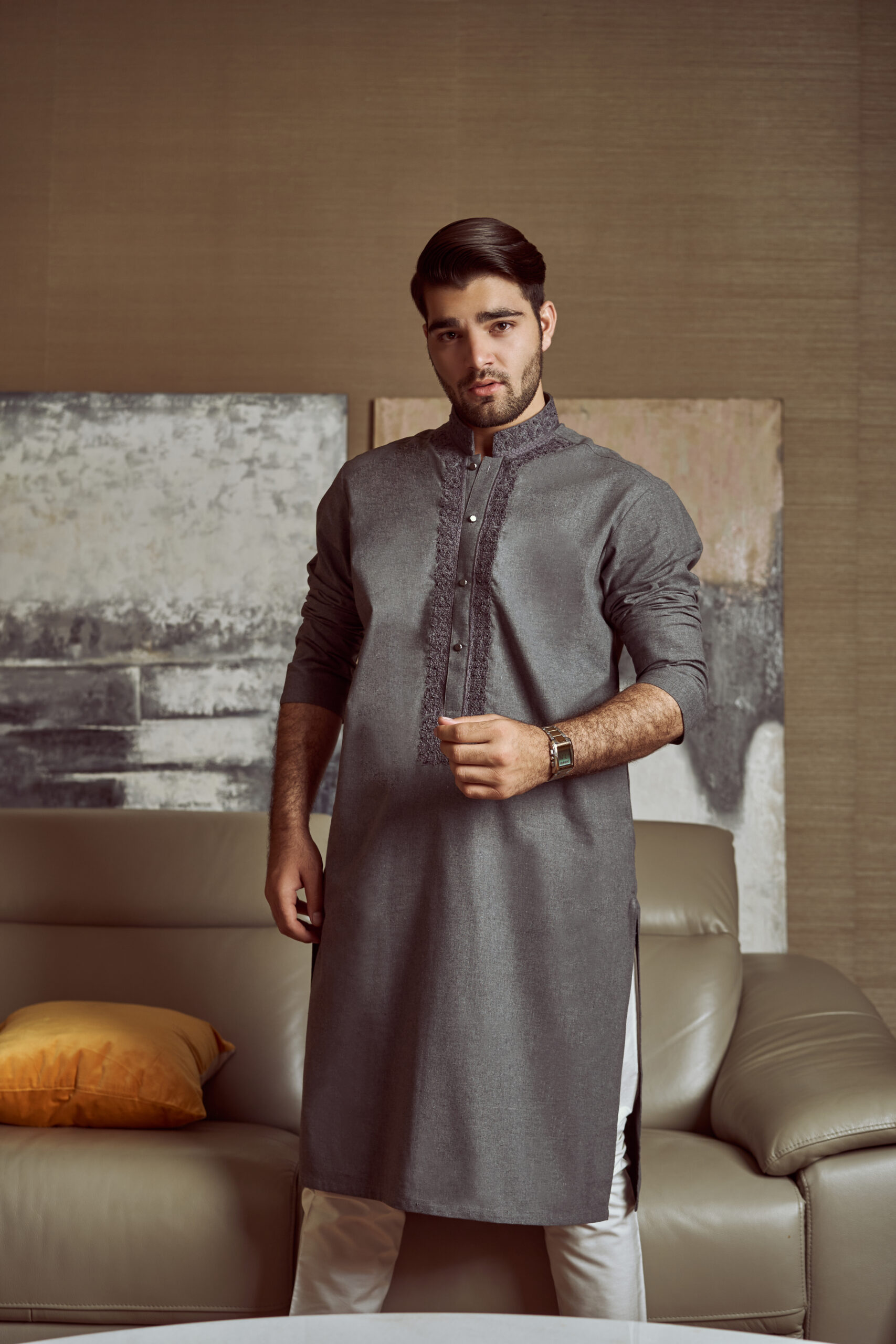 Pewter Grey Hand-Embroidered Karandi Kurta (2-Piece) - Image 1