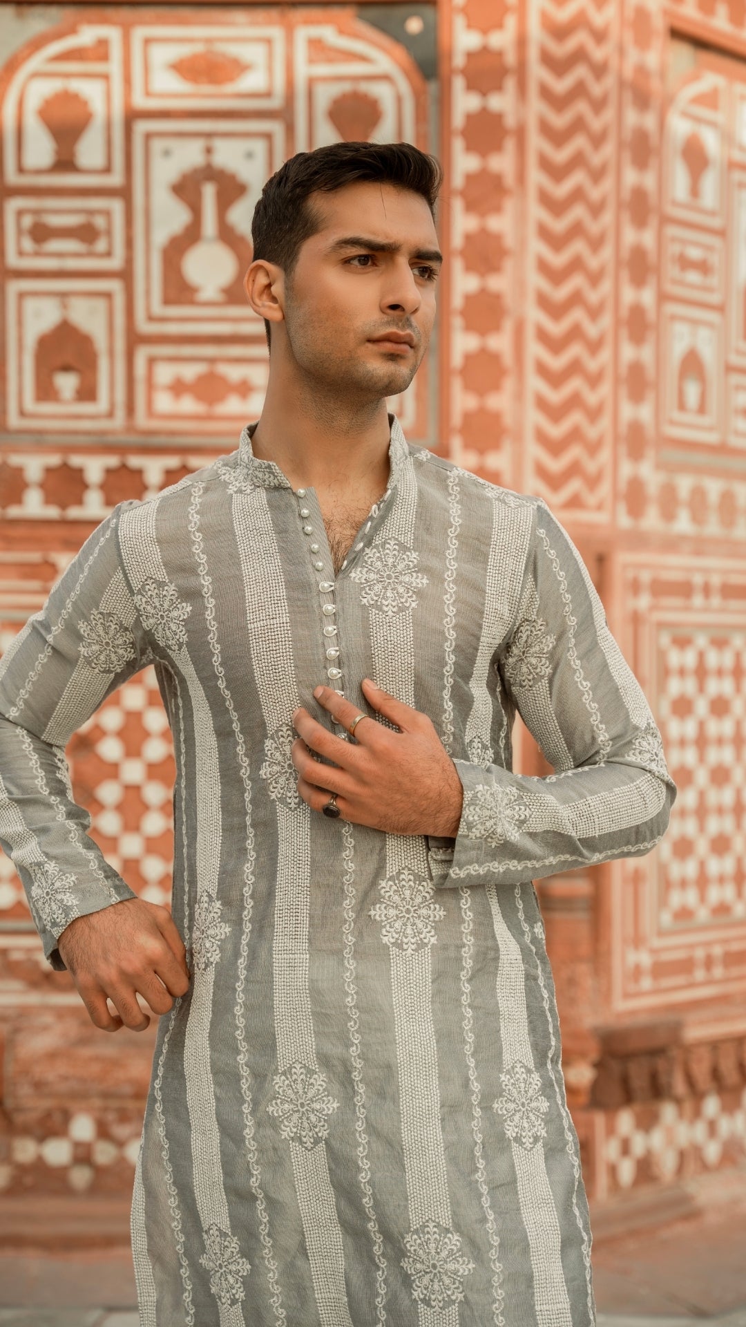 Grey Chikankari Embroidered Cotton Kurta Pajama (2-Piece) - Image 3