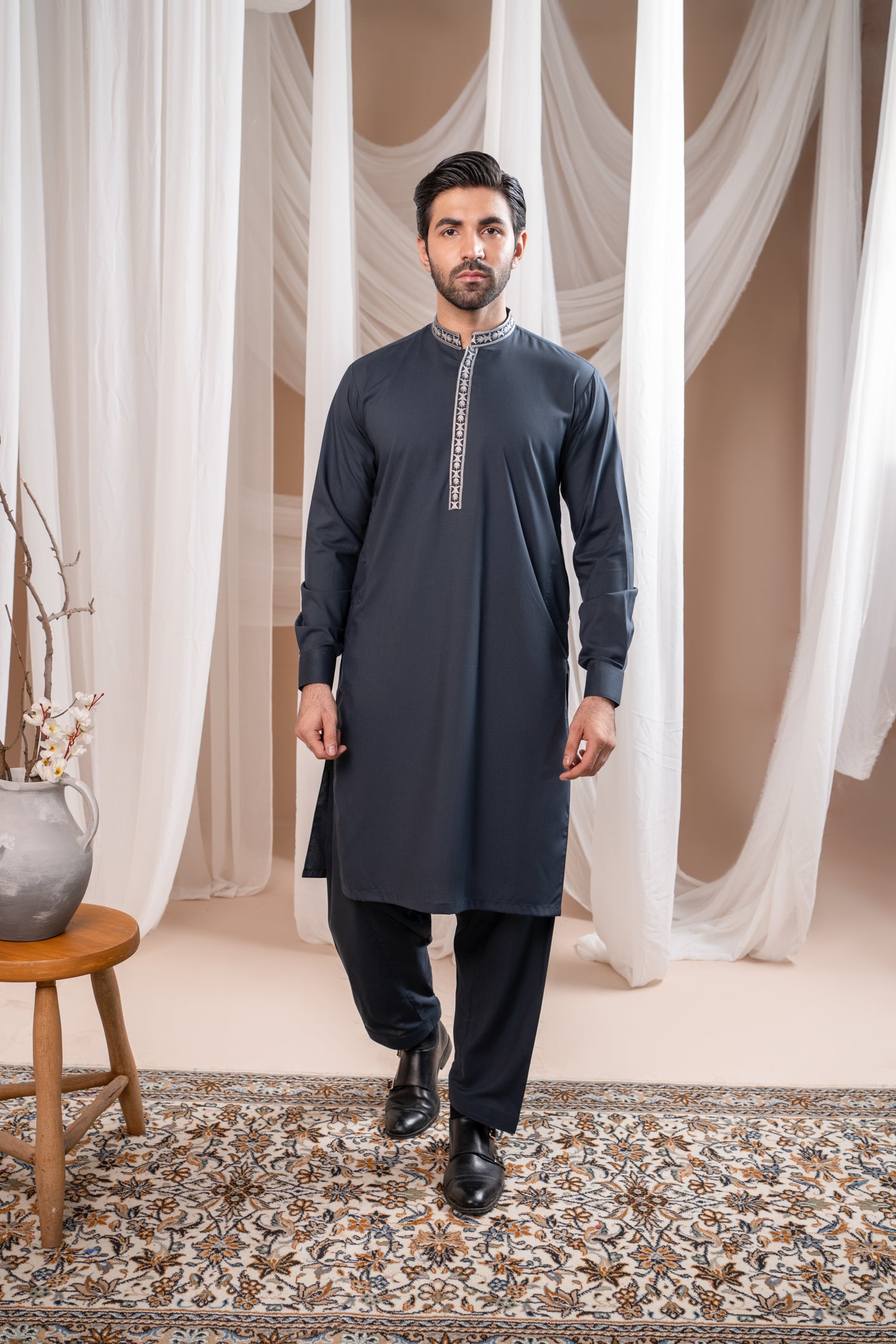 Grey Embroidered Blended Kurta Shalwar (2-Piece) - Image 1
