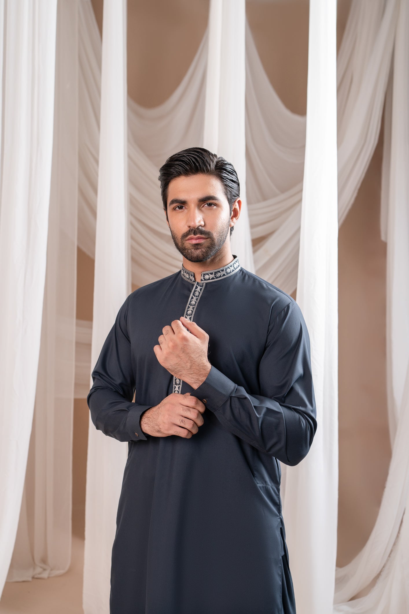 Grey Embroidered Blended Kurta Shalwar (2-Piece) - Image 2