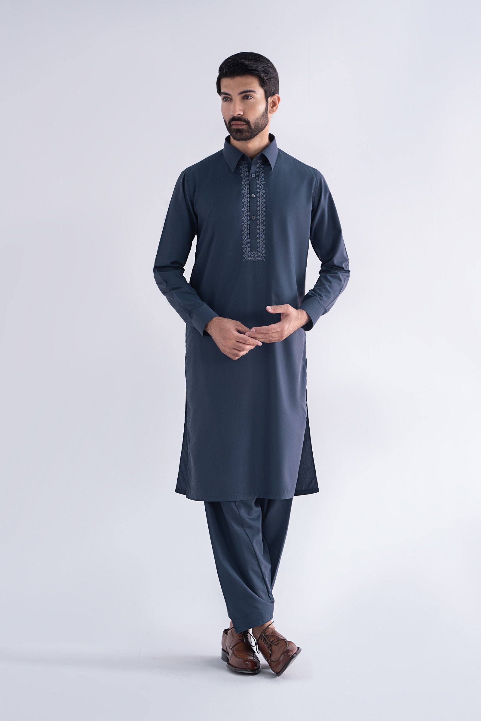 Smoke Grey Embroidered Blended Fabric Kurta Shalwar (2-Piece) - Image 1