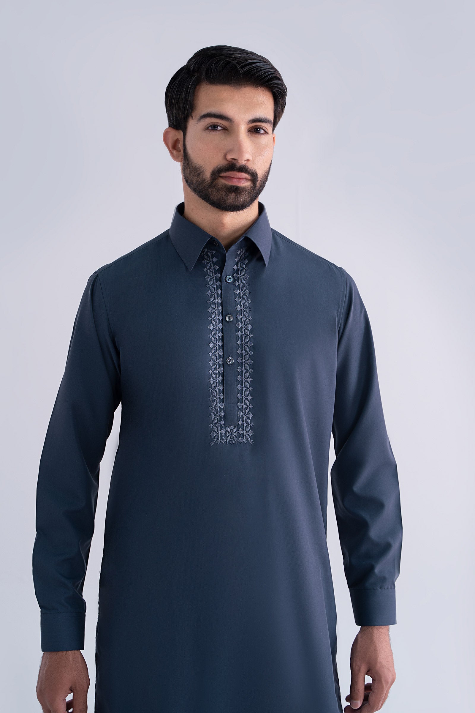 Smoke Grey Embroidered Blended Fabric Kurta Shalwar (2-Piece) - Image 2